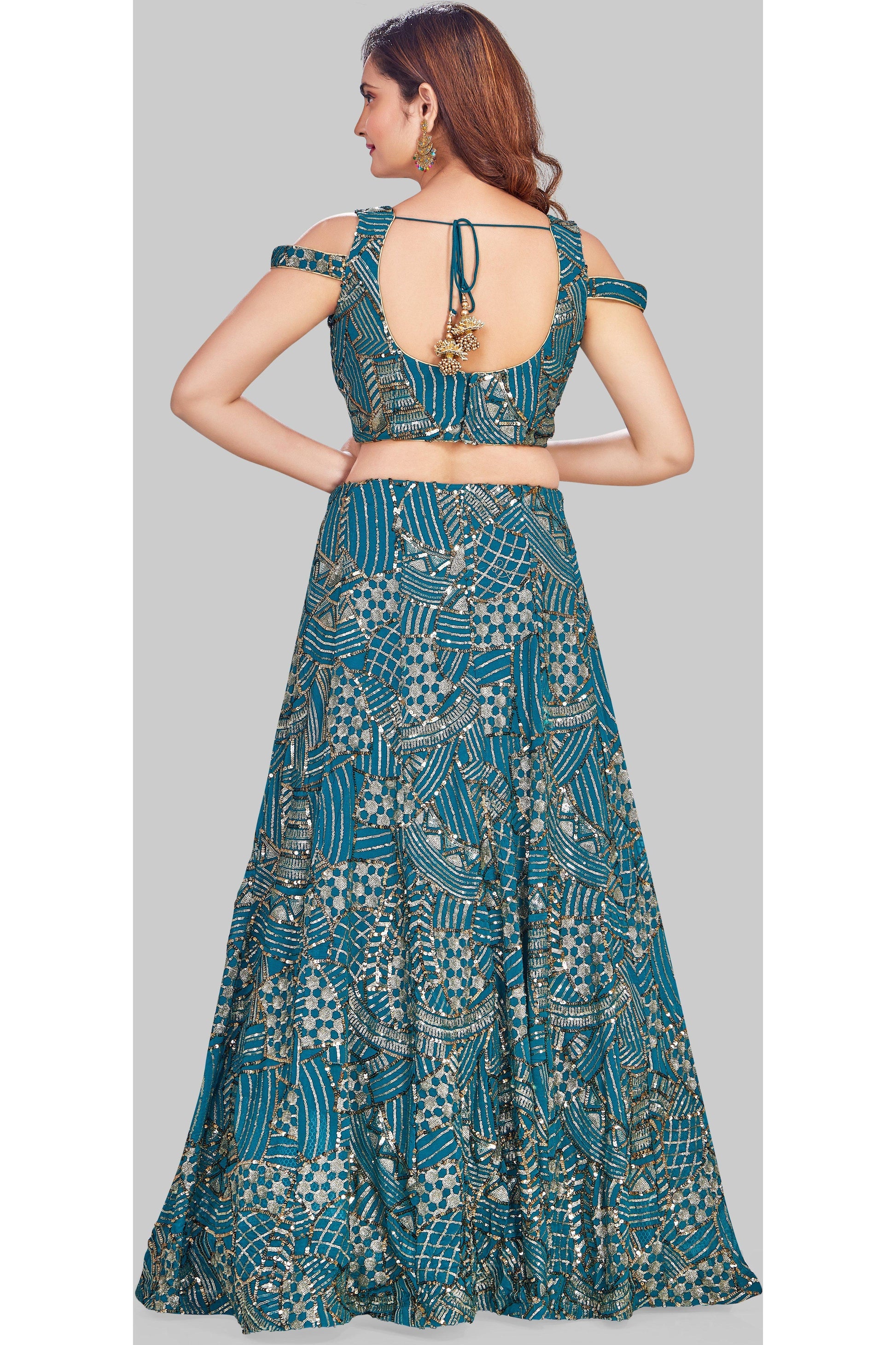 Blue Sequin Studded Cold Shoulder Lehenga Set-AariAmi Boutique