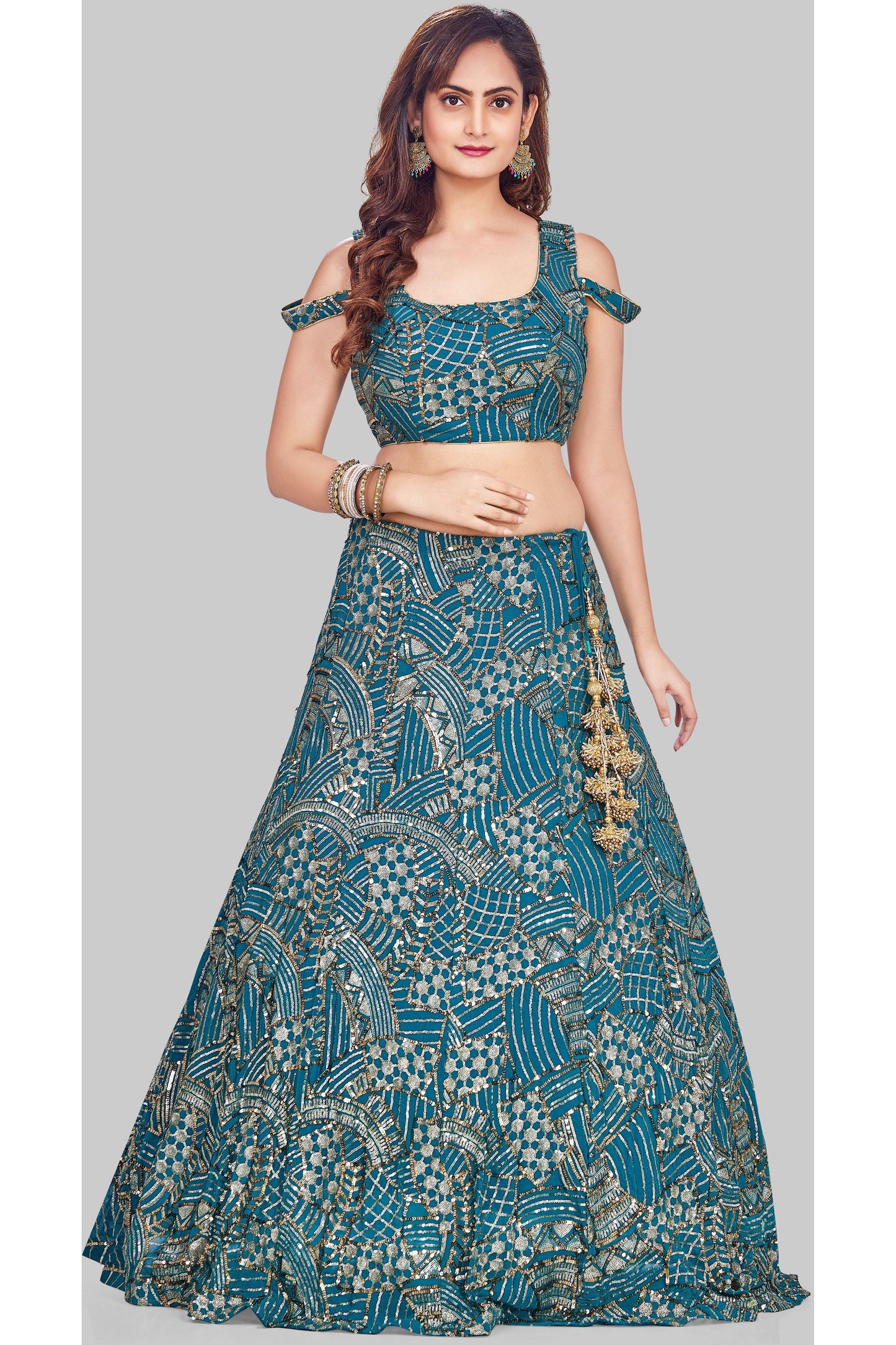 Blue Sequin Studded Cold Shoulder Lehenga Set-AariAmi Boutique