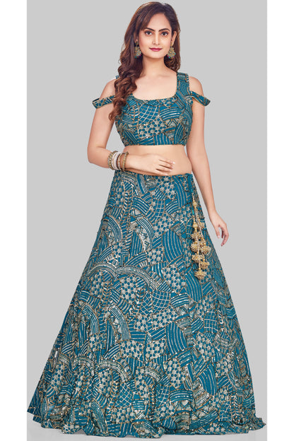 Blue Sequin Studded Cold Shoulder Lehenga Set-AariAmi Boutique