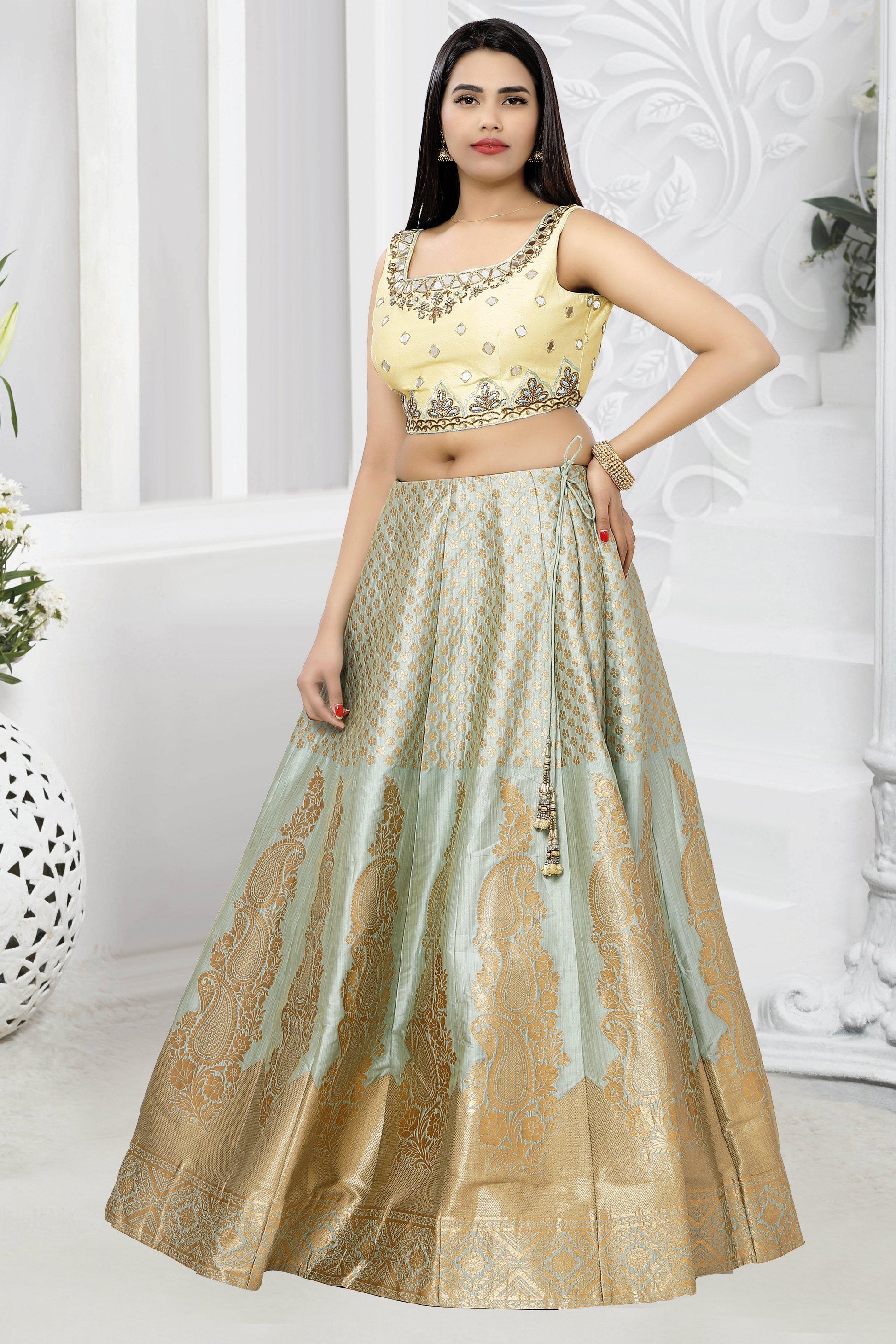 Blue and Gold Brocade Silk Lehenga Set-AariAmi Boutique