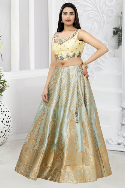 Blue and Gold Brocade Silk Lehenga Set-AariAmi Boutique