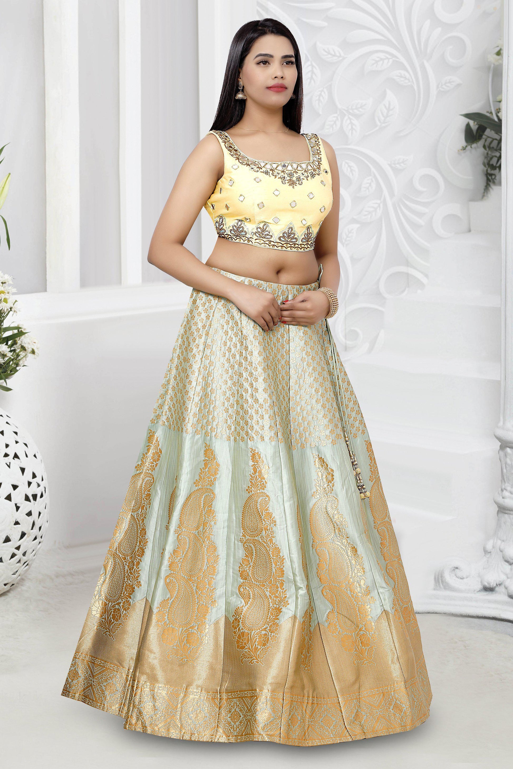 Blue and Gold Brocade Silk Lehenga Set-AariAmi Boutique