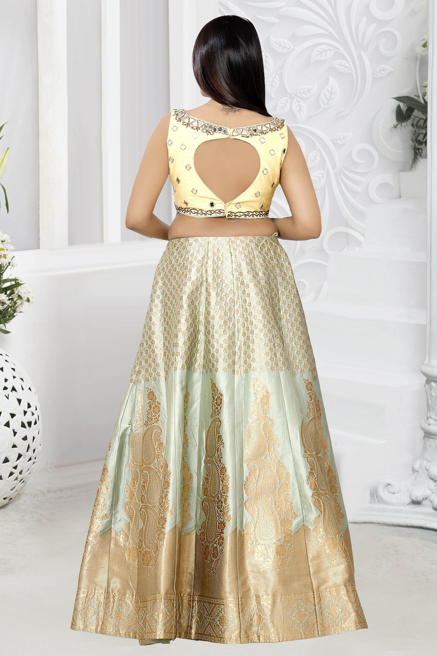 Blue and Gold Brocade Silk Lehenga Set-AariAmi Boutique