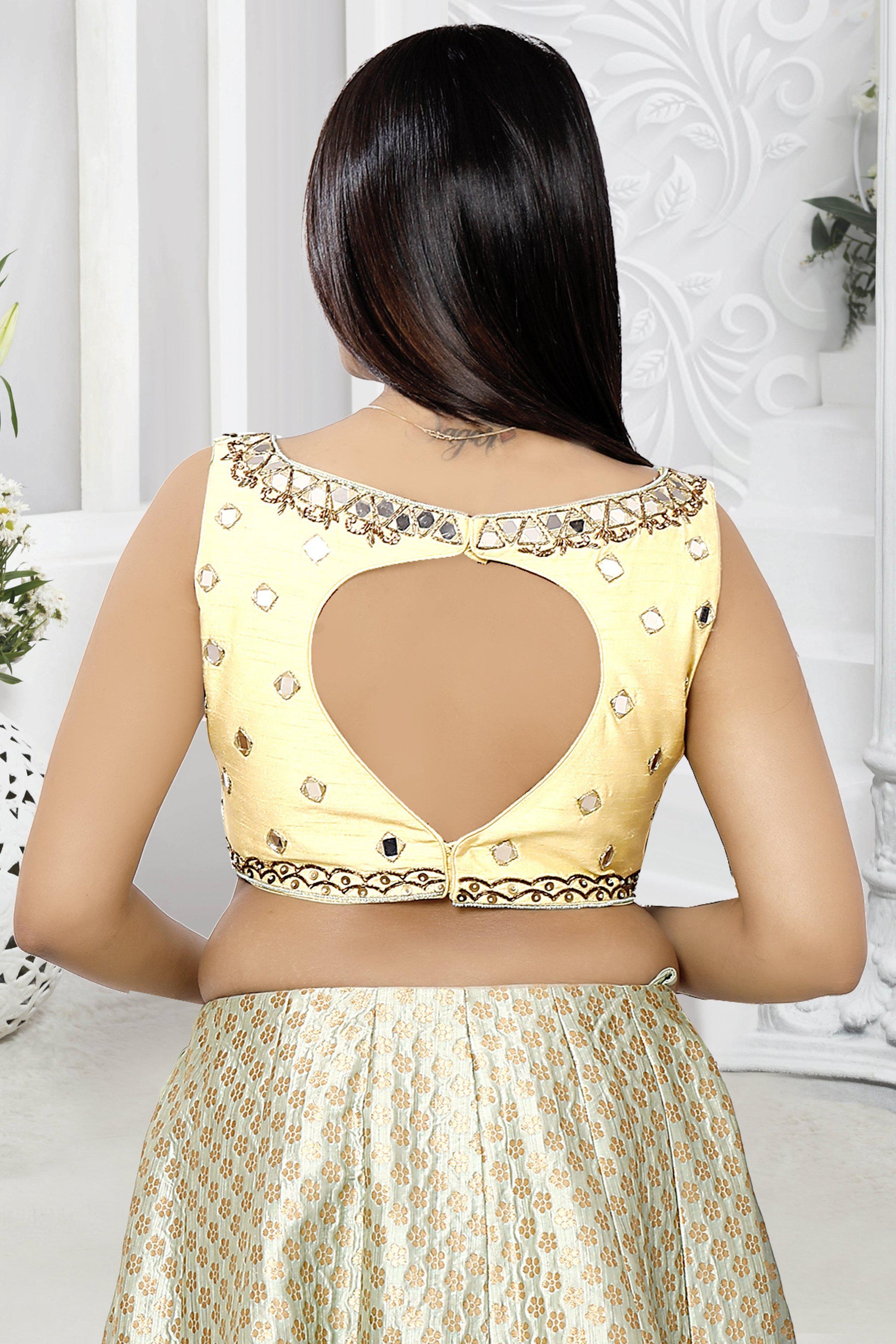 Blue and Gold Brocade Silk Lehenga Set-AariAmi Boutique