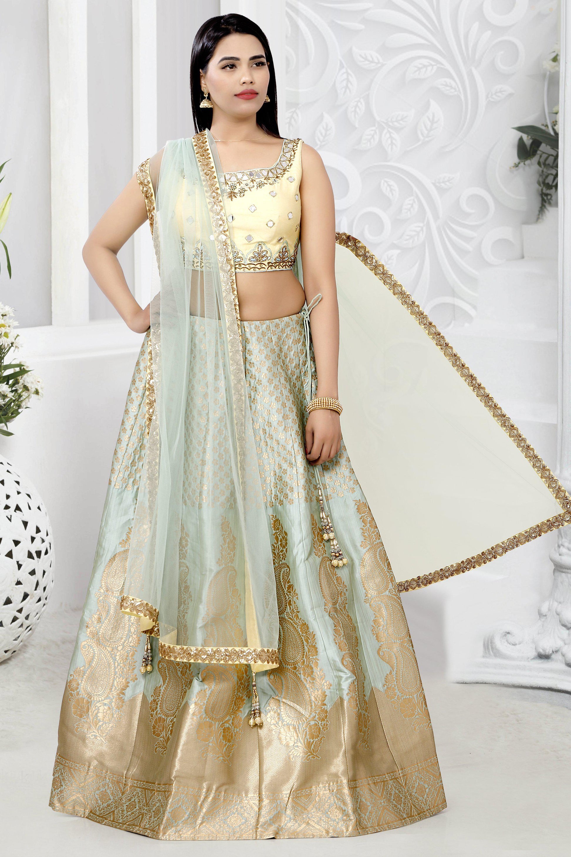 Blue and Gold Brocade Silk Lehenga Set-AariAmi Boutique