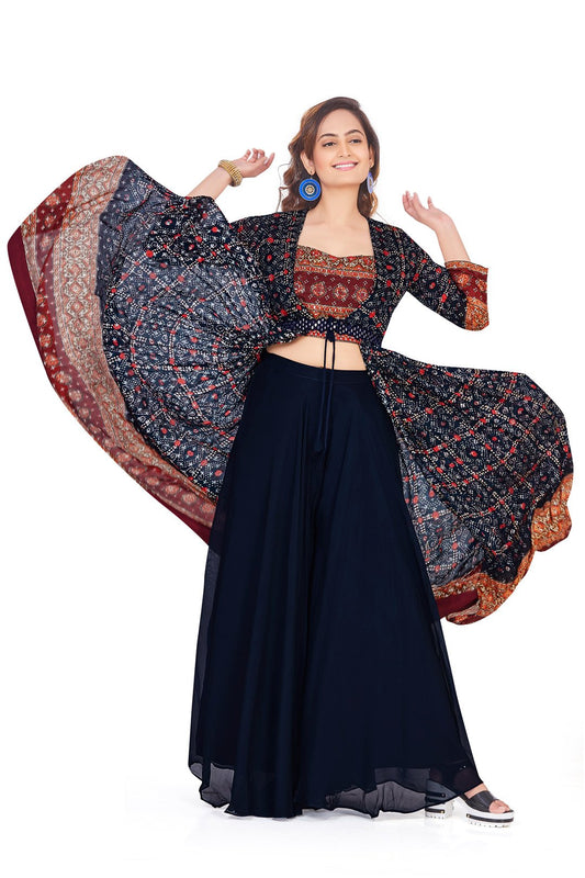 Blue and Red Jacket Style Palazzo Set-AariAmi Boutique