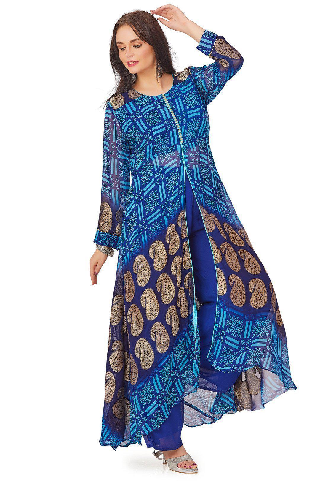 Blue with Gold Paisley printed Palazzo Set-AariAmi Boutique