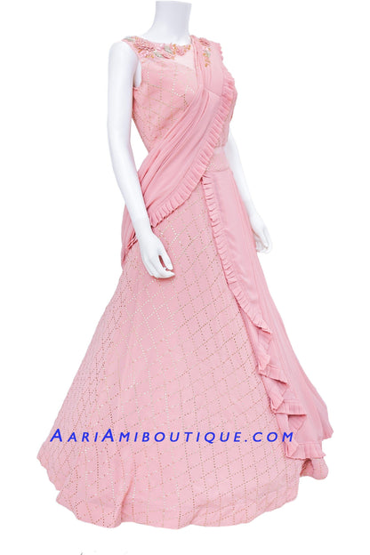 Blush Pink Anarkali Set with stiched dupatta in Saree Drape Pattern-AariAmi Boutique