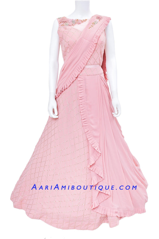 Blush Pink Anarkali Set with stiched dupatta in Saree Drape Pattern-AariAmi Boutique