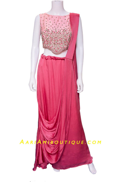 Blush Pink Classic Cowl Skirt set with attached Drape Dupatta-AariAmi Boutique