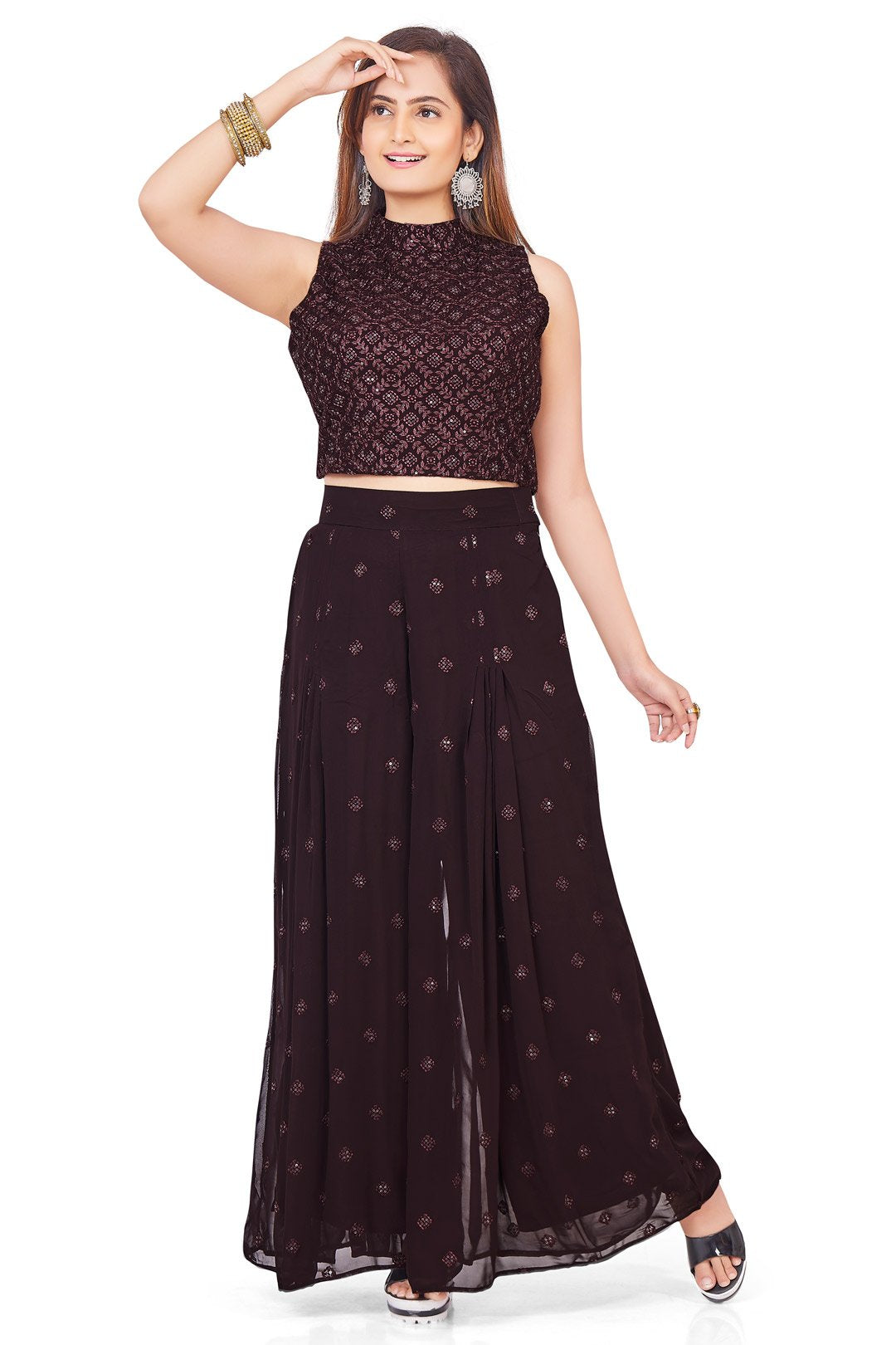 Bold Brown Crop Top Palazzo Set with Cross Over Dupatta-AariAmi Boutique