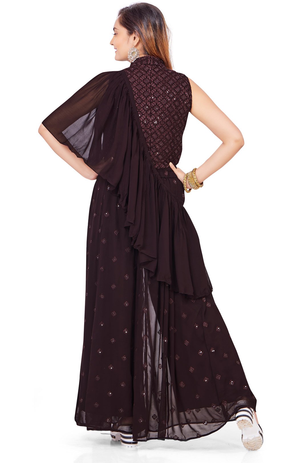 Bold Brown Crop Top Palazzo Set with Cross Over Dupatta-AariAmi Boutique