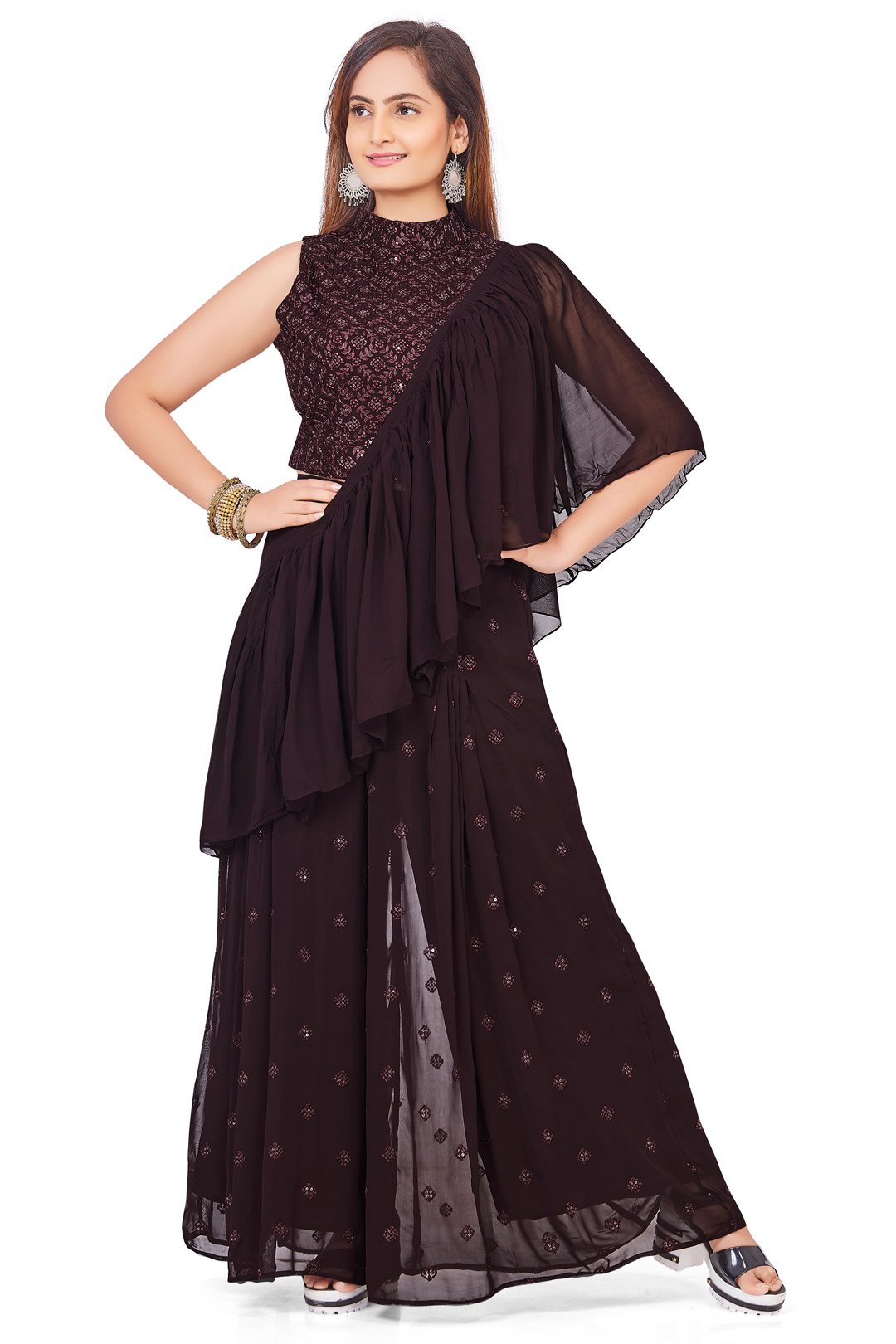 Bold Brown Crop Top Palazzo Set with Cross Over Dupatta-AariAmi Boutique