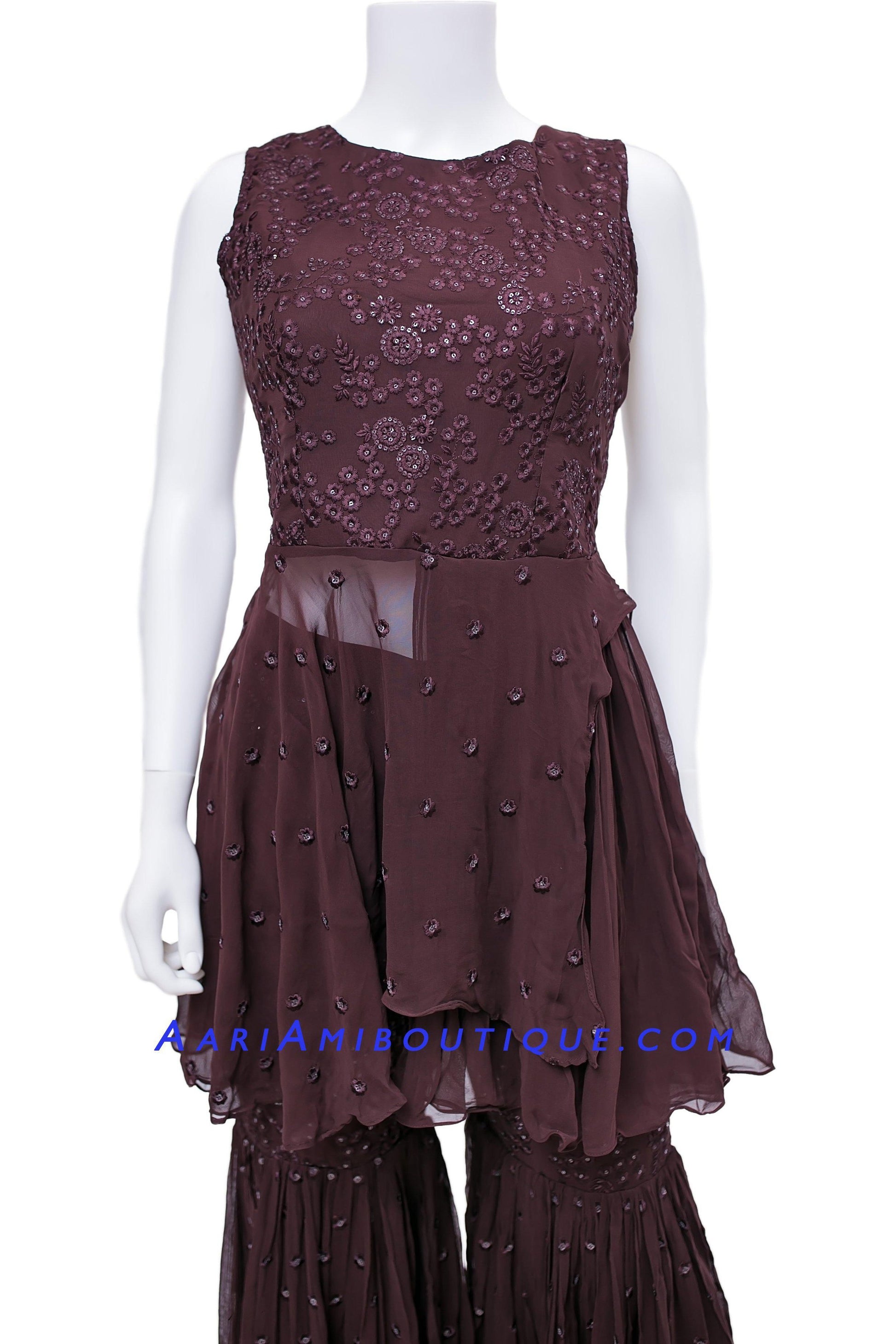 Bold Brown Lucknowi Embroidered Gharara Set-AariAmi Boutique