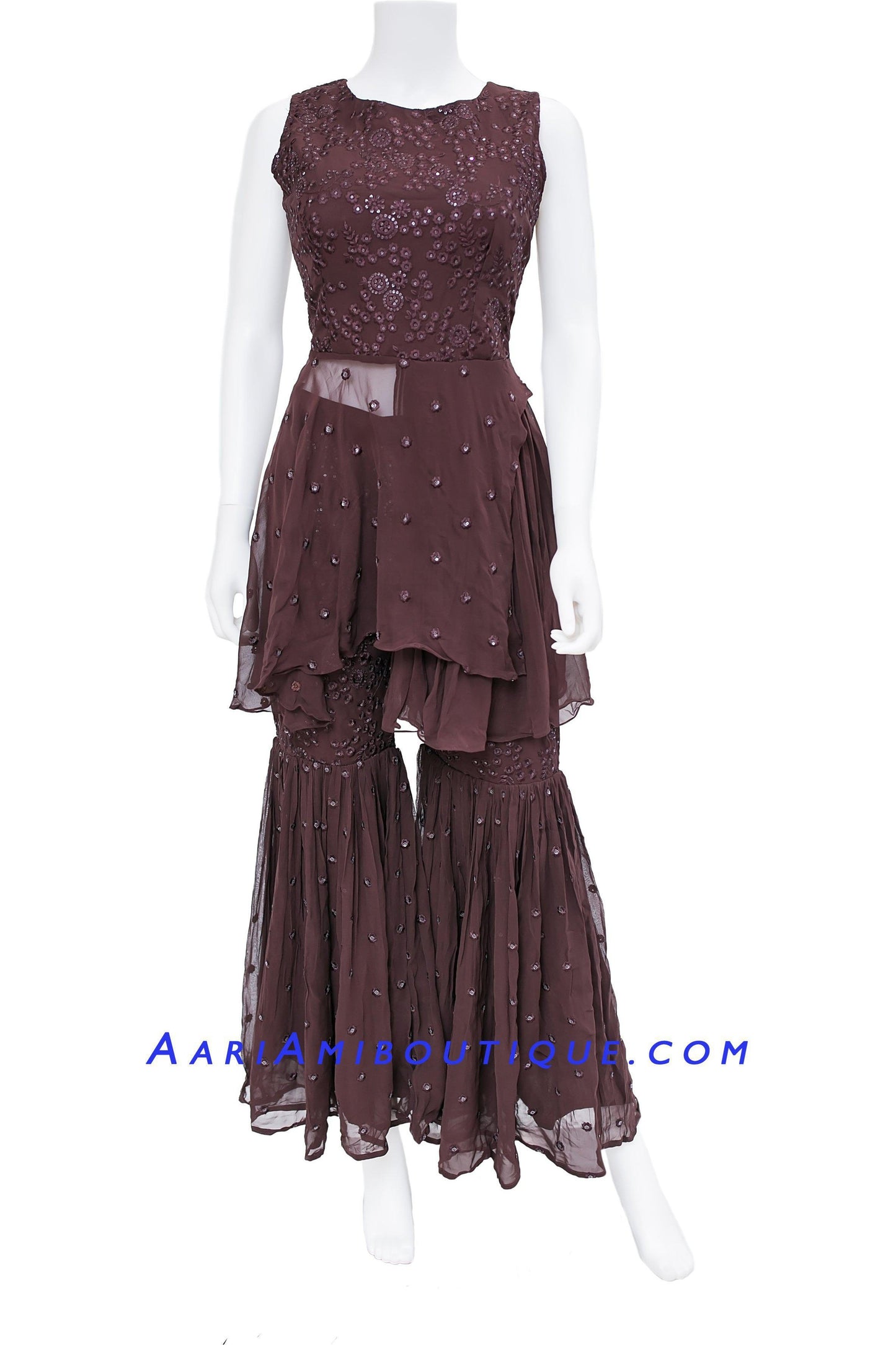 Bold Brown Lucknowi Embroidered Gharara Set-AariAmi Boutique