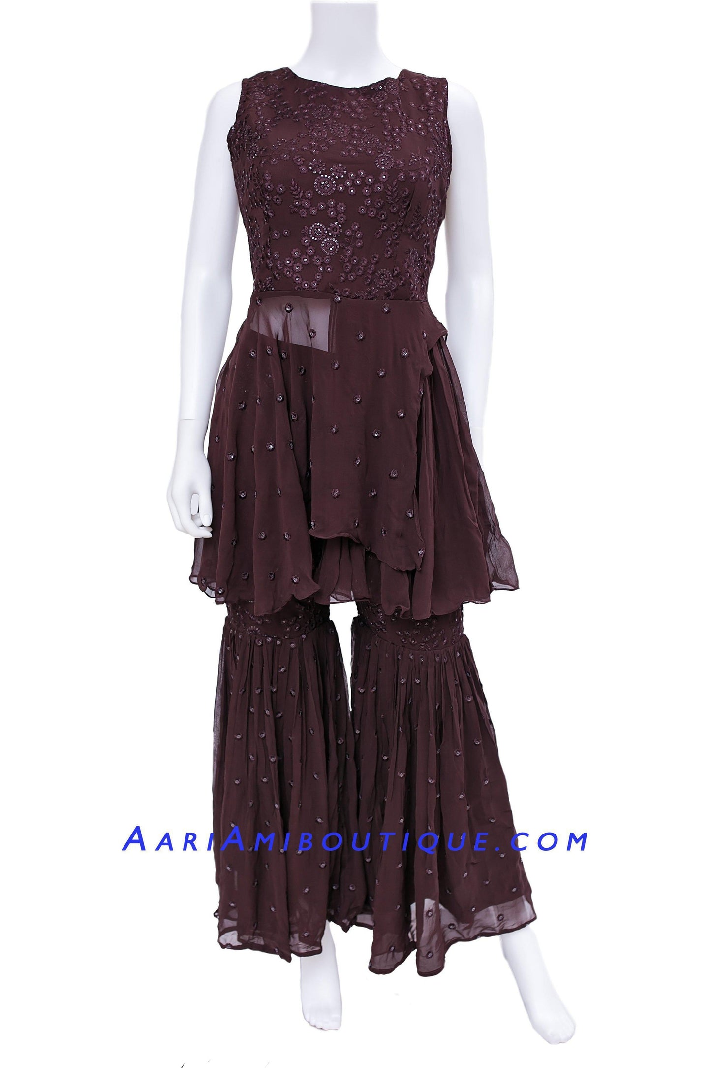Bold Brown Lucknowi Embroidered Gharara Set-AariAmi Boutique