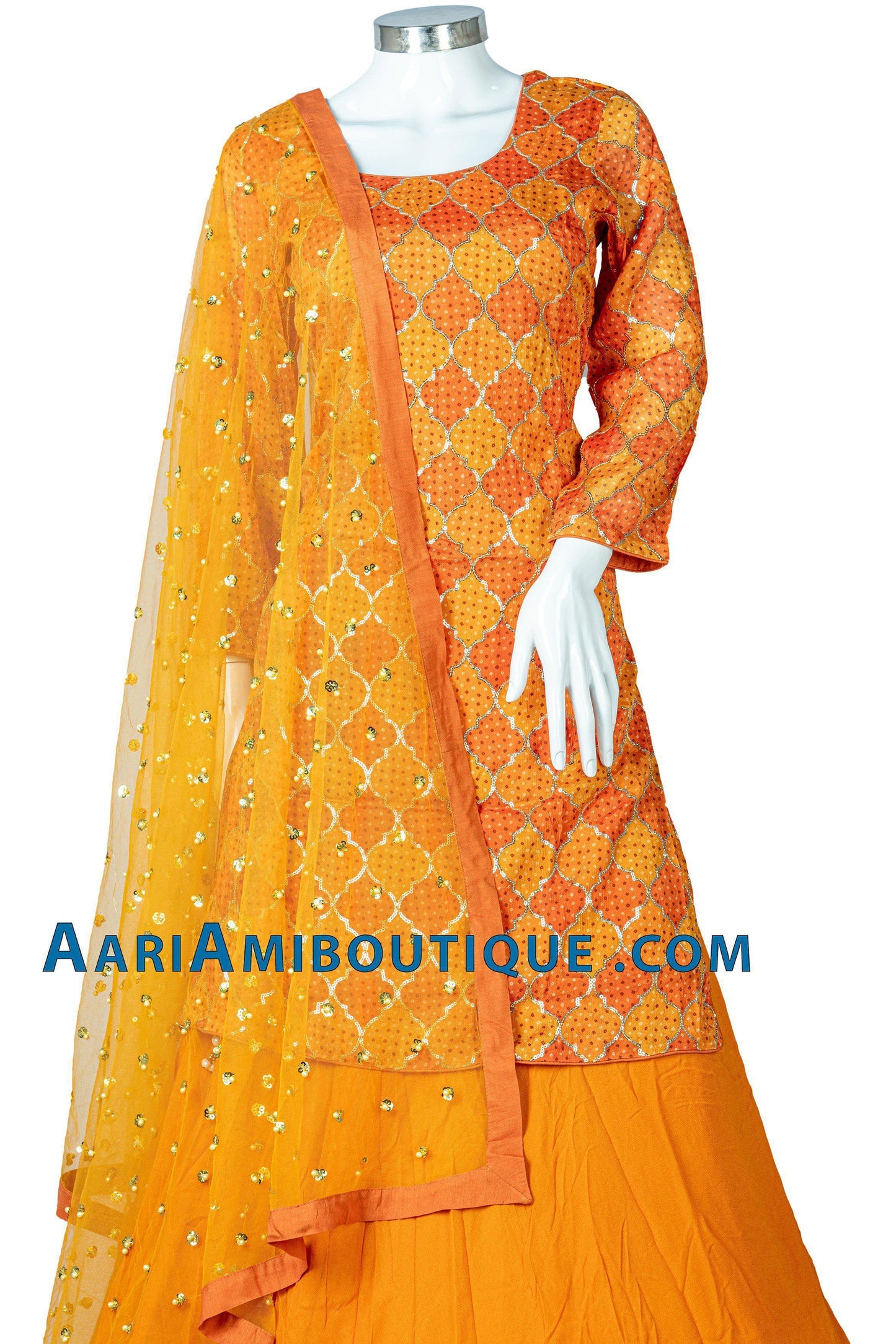 Bright Orange and Gold Bandhani Long Top Lehenga Set-AariAmi Boutique