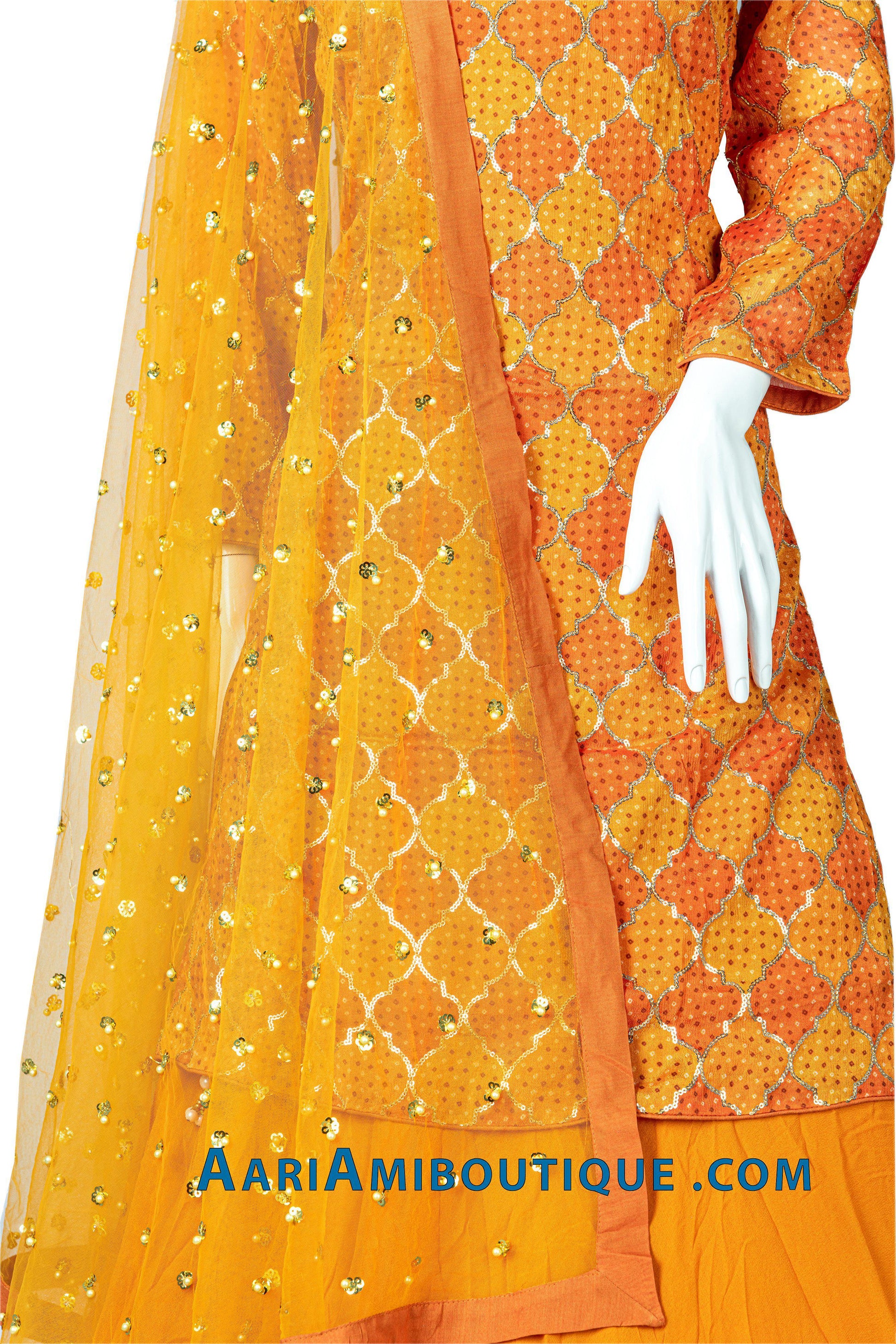 Bright Orange and Gold Bandhani Long Top Lehenga Set-AariAmi Boutique