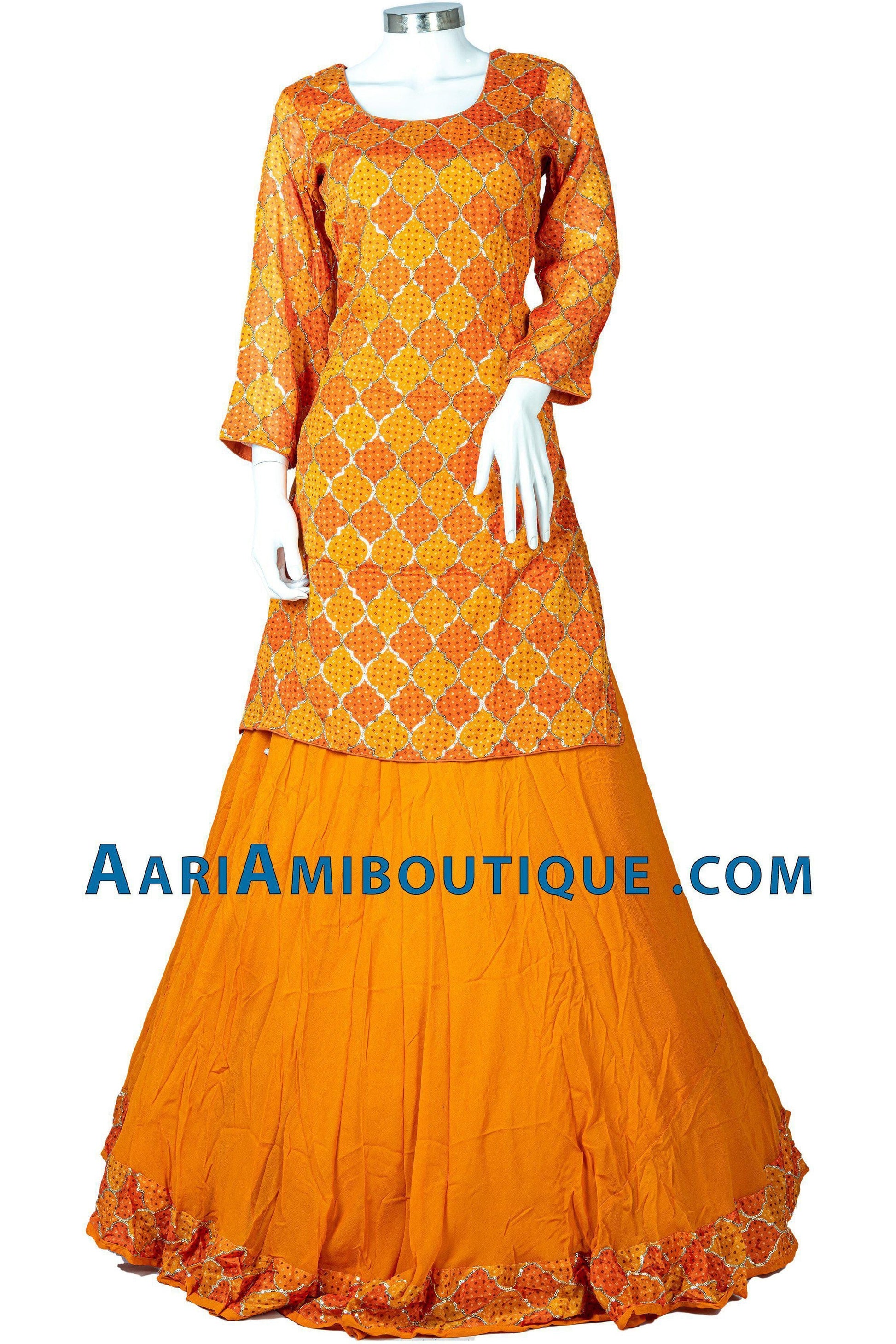Bright Orange and Gold Bandhani Long Top Lehenga Set-AariAmi Boutique