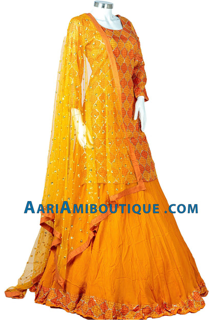Bright Orange and Gold Bandhani Long Top Lehenga Set-AariAmi Boutique