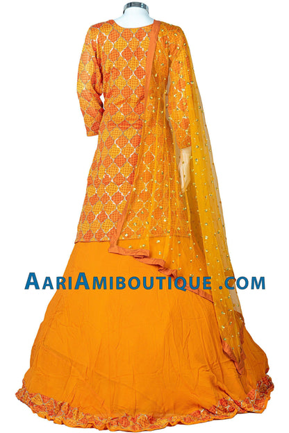 Bright Orange and Gold Bandhani Long Top Lehenga Set-AariAmi Boutique
