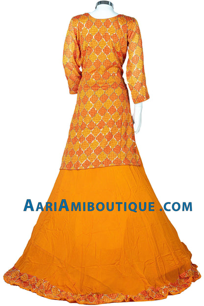 Bright Orange and Gold Bandhani Long Top Lehenga Set-AariAmi Boutique