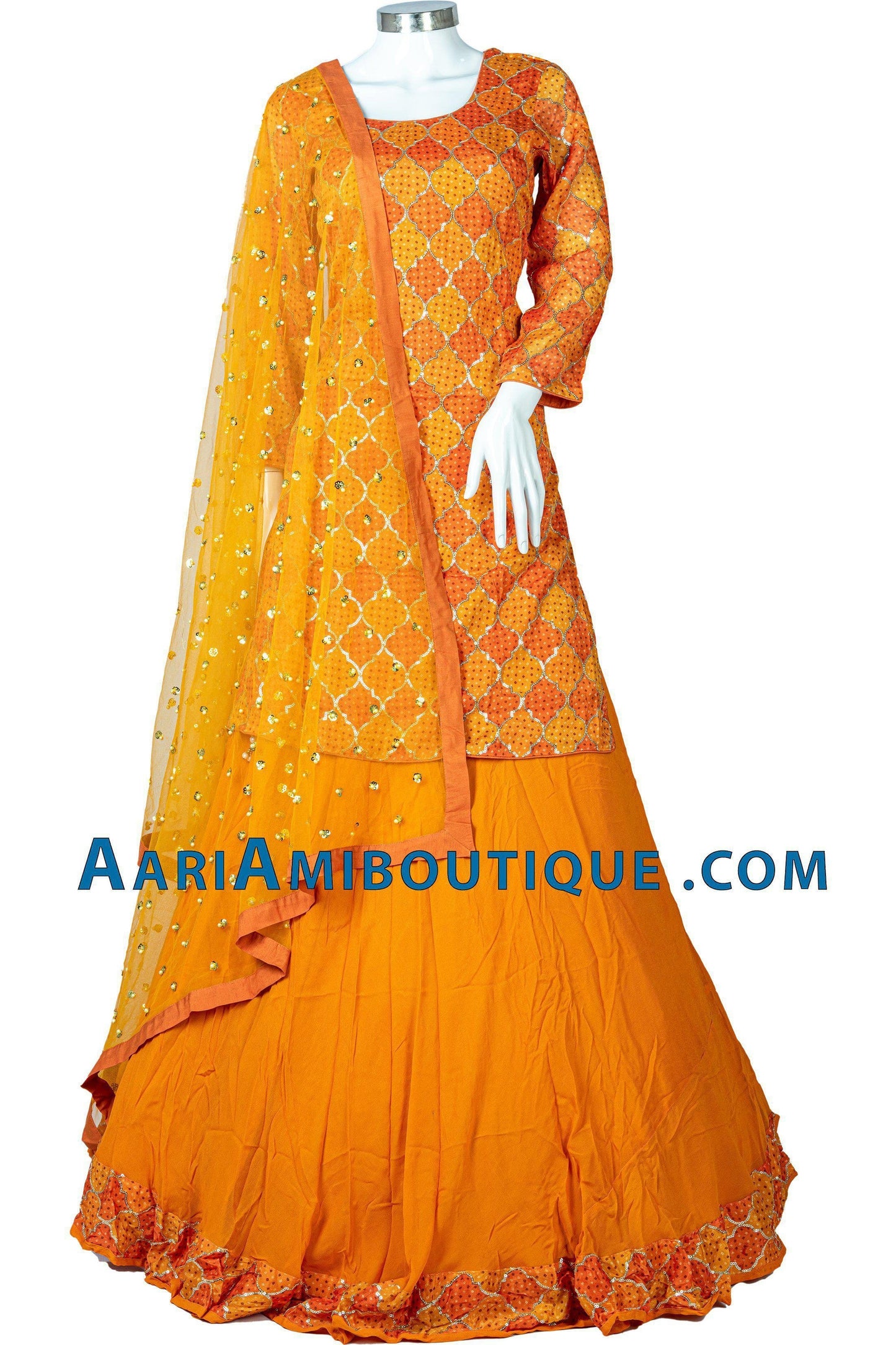 Bright Orange and Gold Bandhani Long Top Lehenga Set-AariAmi Boutique