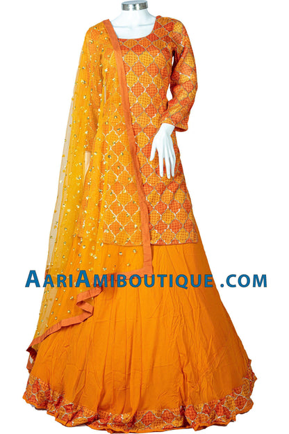 Bright Orange and Gold Bandhani Long Top Lehenga Set-AariAmi Boutique