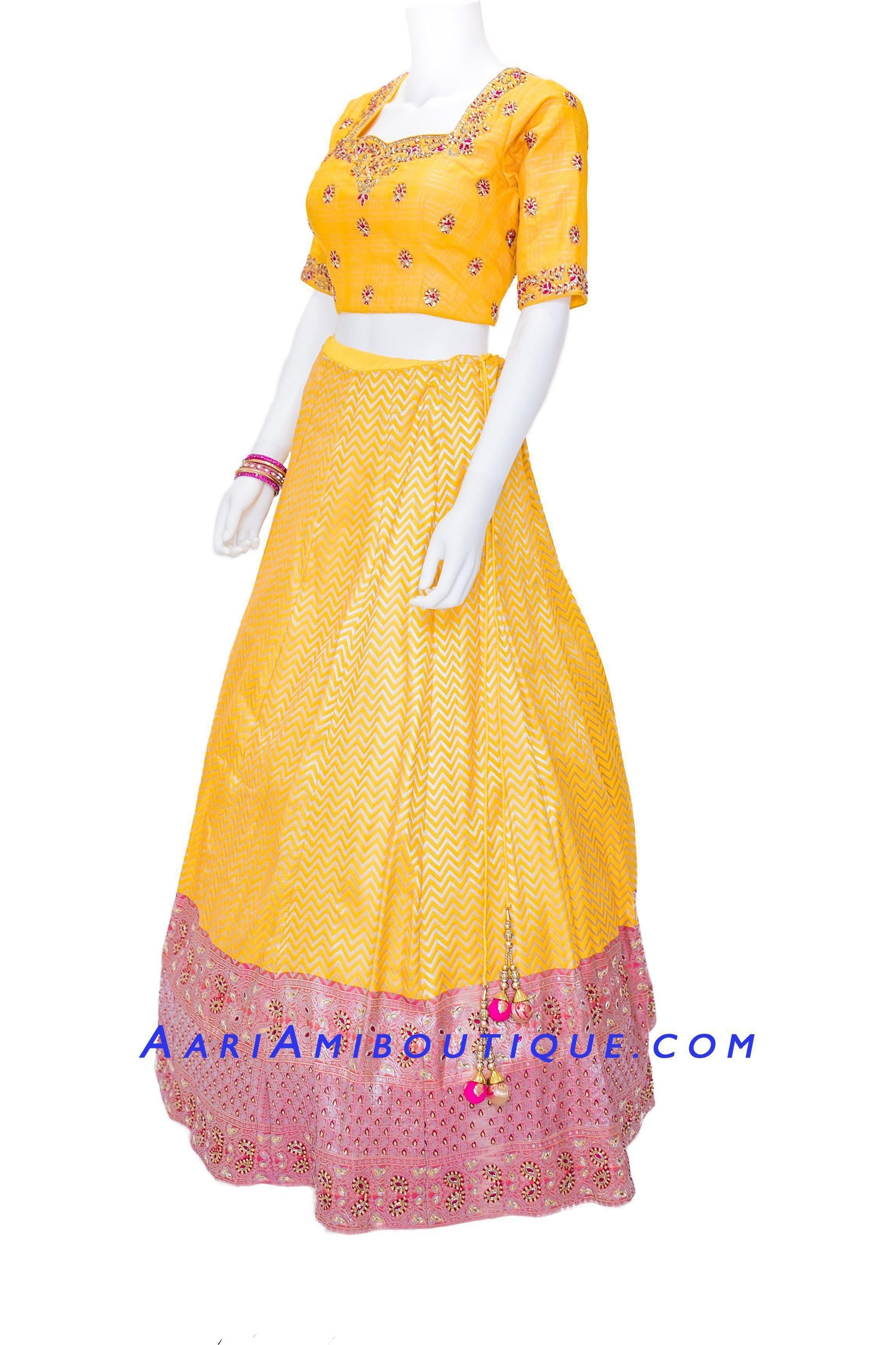 Bright and Bold Yellow Brocade Silk Lehenga Set-AariAmi Boutique