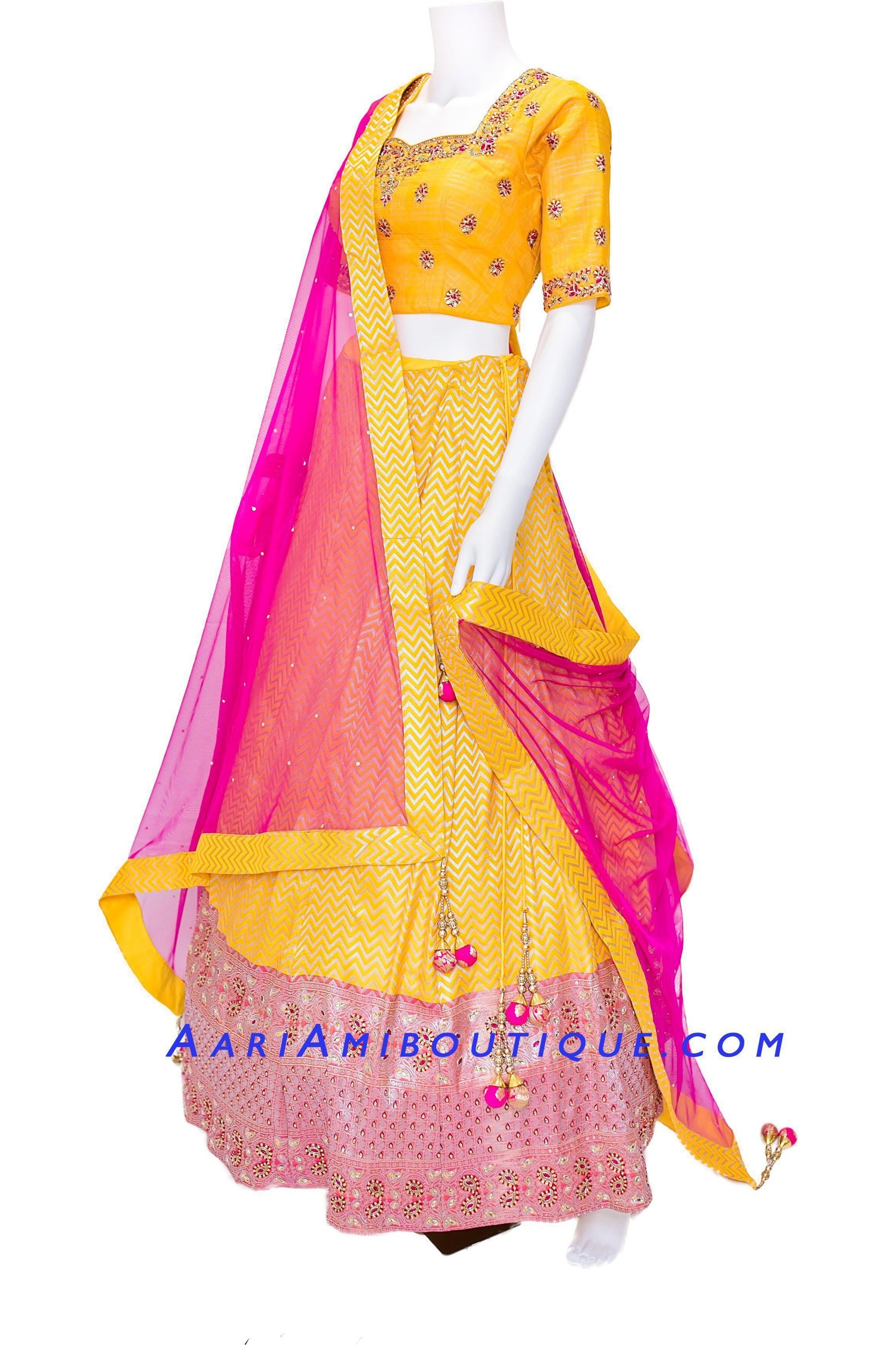 Bright and Bold Yellow Brocade Silk Lehenga Set-AariAmi Boutique