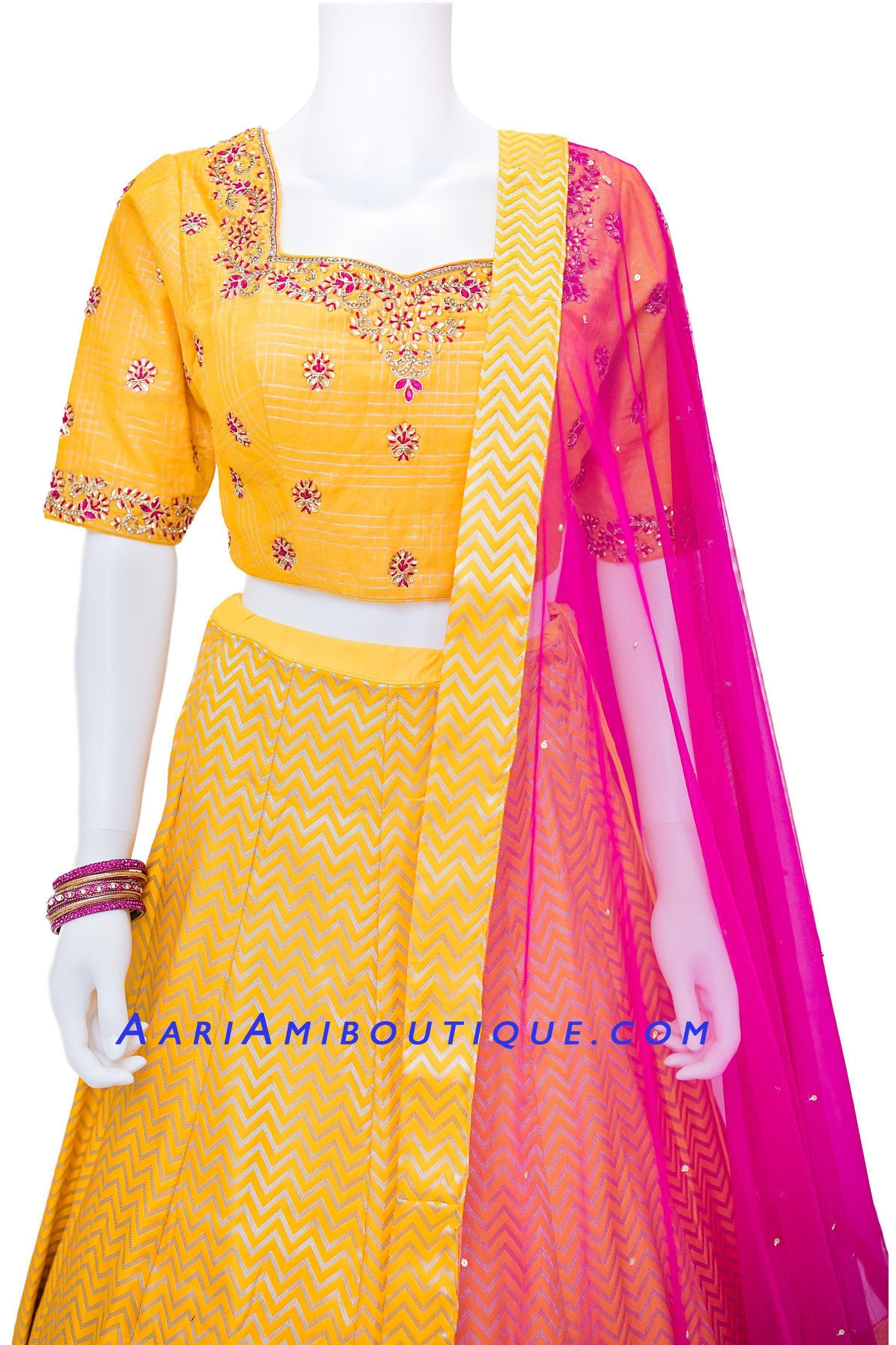 Bright and Bold Yellow Brocade Silk Lehenga Set-AariAmi Boutique
