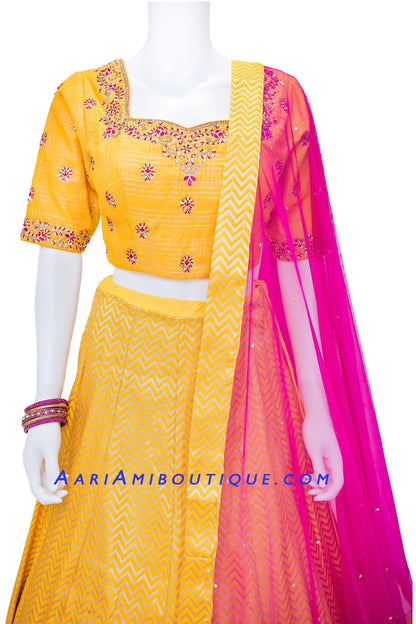 Bright and Bold Yellow Brocade Silk Lehenga Set-AariAmi Boutique