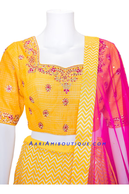 Bright and Bold Yellow Brocade Silk Lehenga Set-AariAmi Boutique