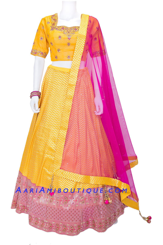 Bright and Bold Yellow Brocade Silk Lehenga Set-AariAmi Boutique