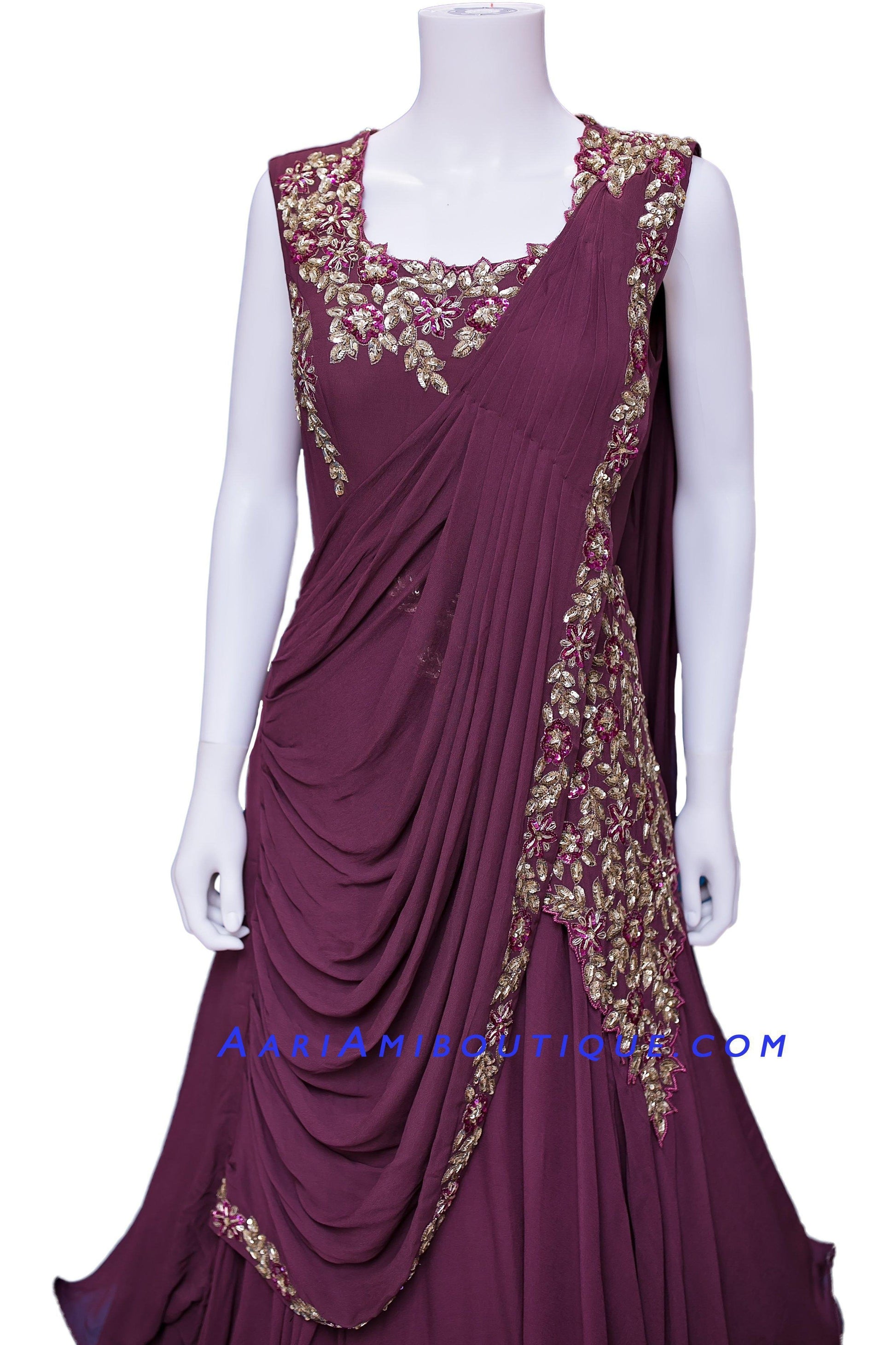 Burgundy Ruffly Saree drape pattern Anarkali Set-AariAmi Boutique