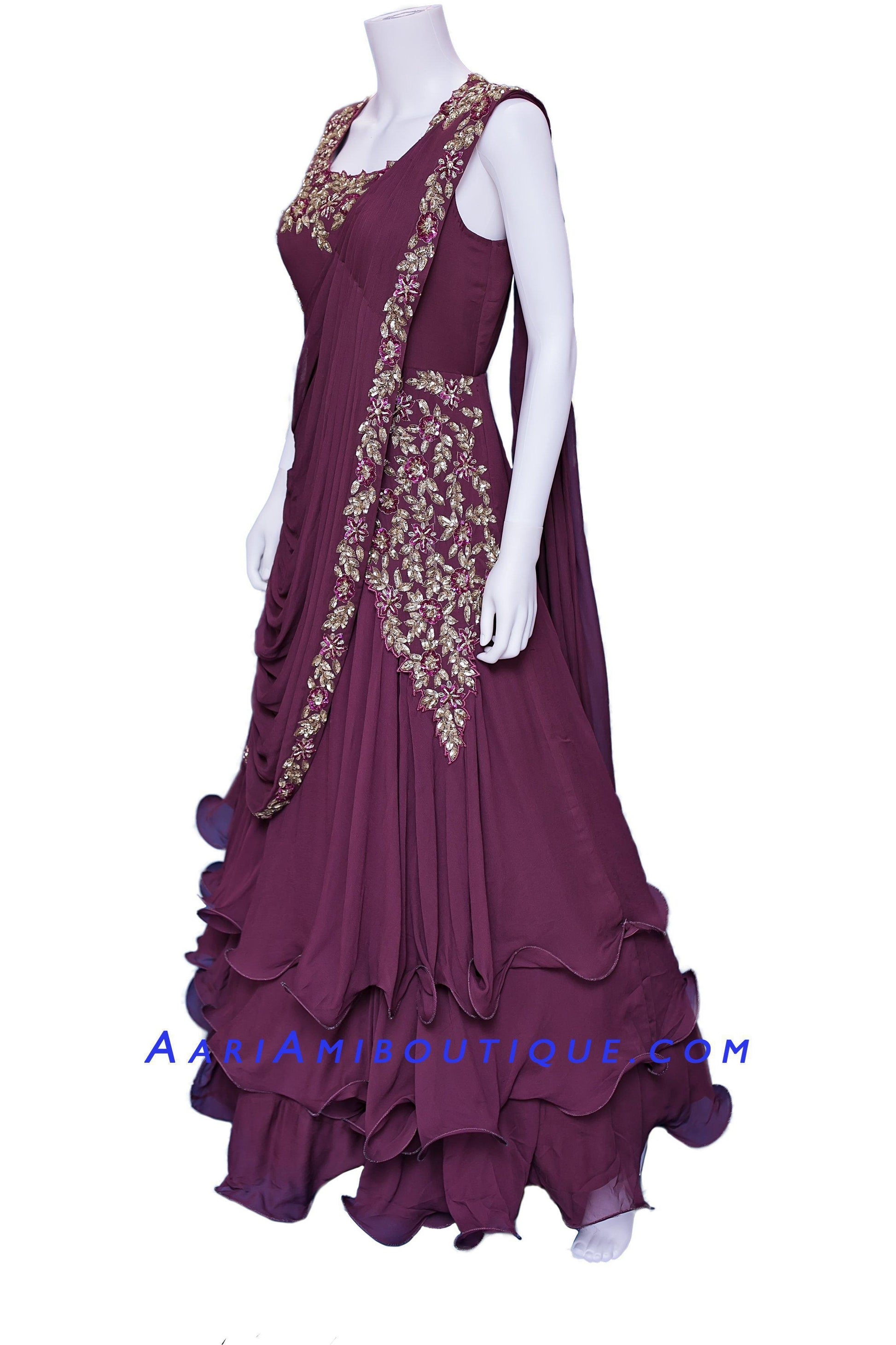 Burgundy Ruffly Saree drape pattern Anarkali Set-AariAmi Boutique