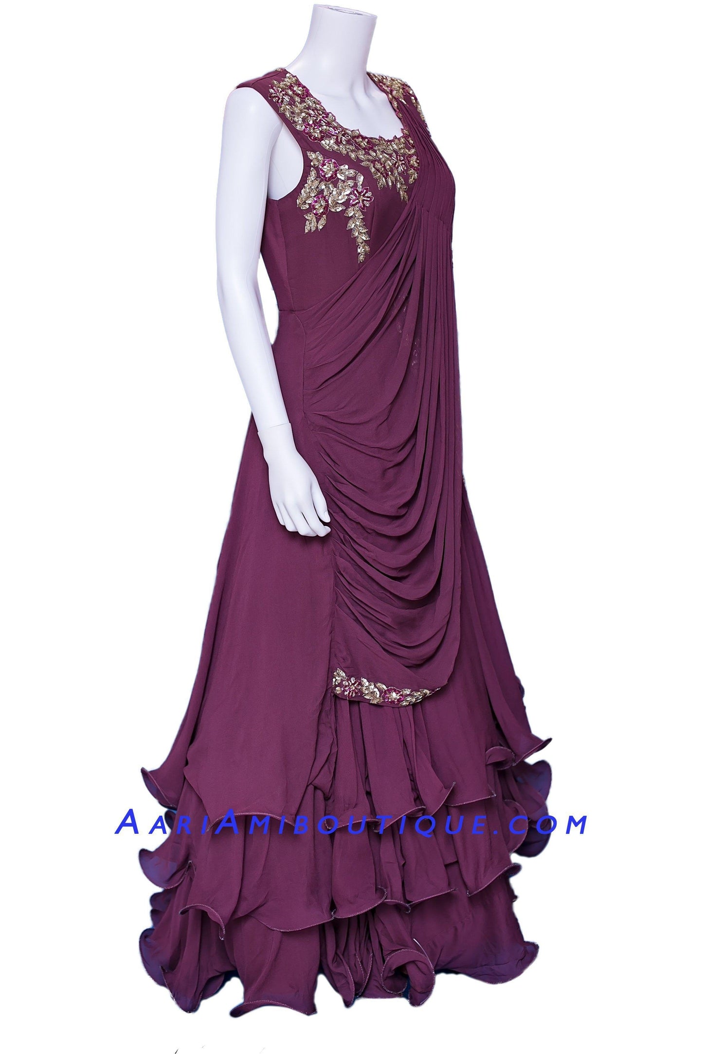 Burgundy Ruffly Saree drape pattern Anarkali Set-AariAmi Boutique
