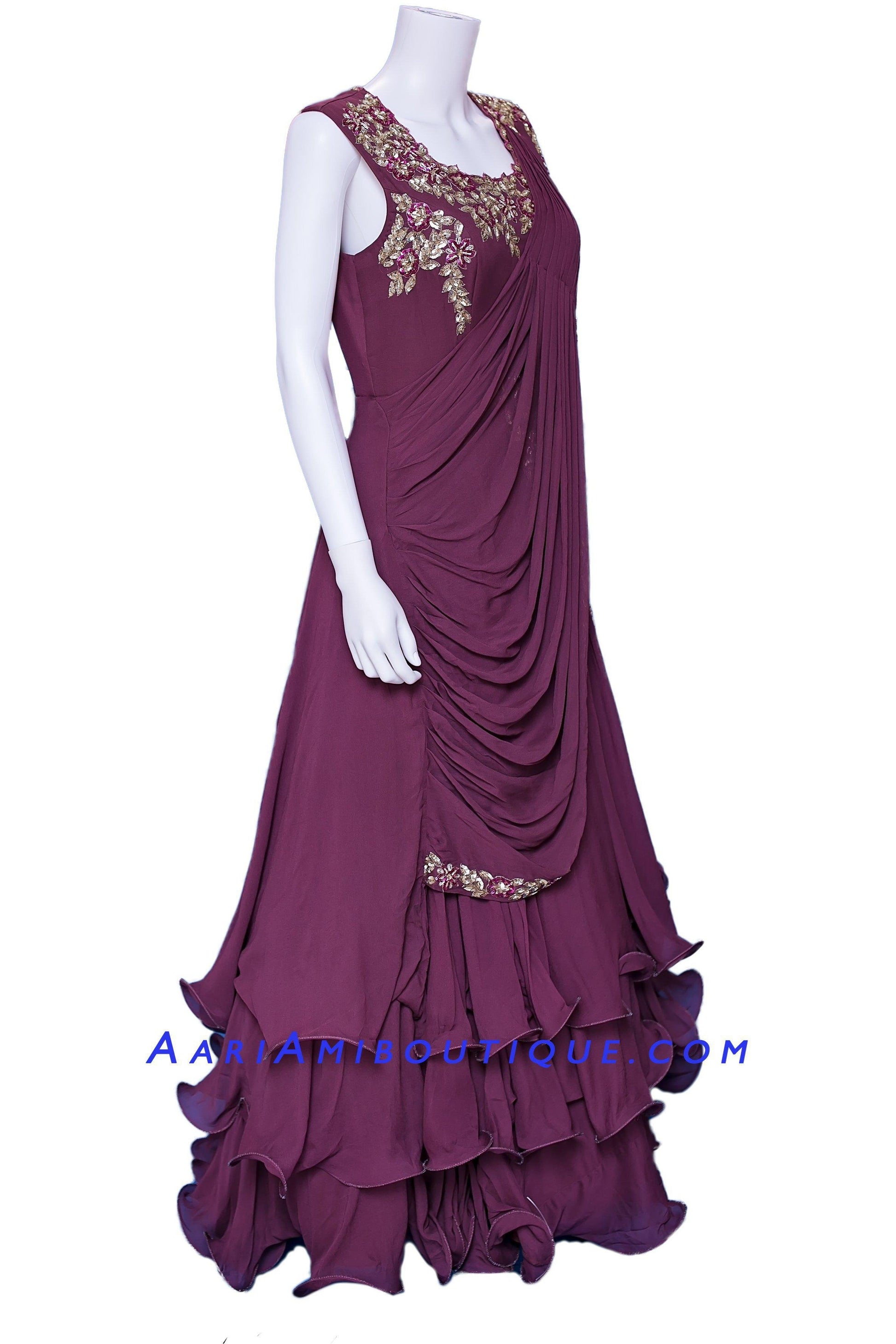 Burgundy Ruffly Saree drape pattern Anarkali Set-AariAmi Boutique
