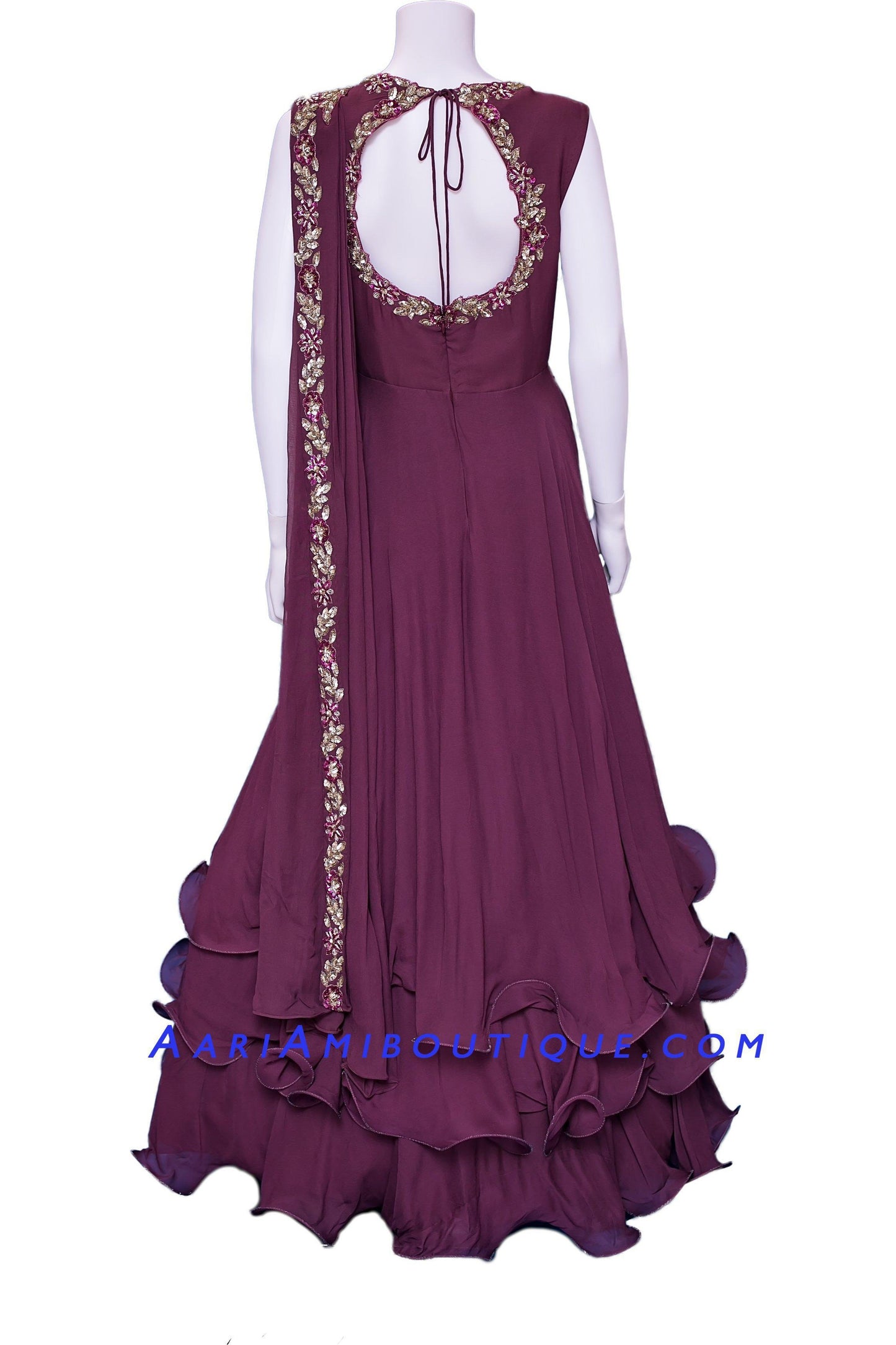 Burgundy Ruffly Saree drape pattern Anarkali Set-AariAmi Boutique