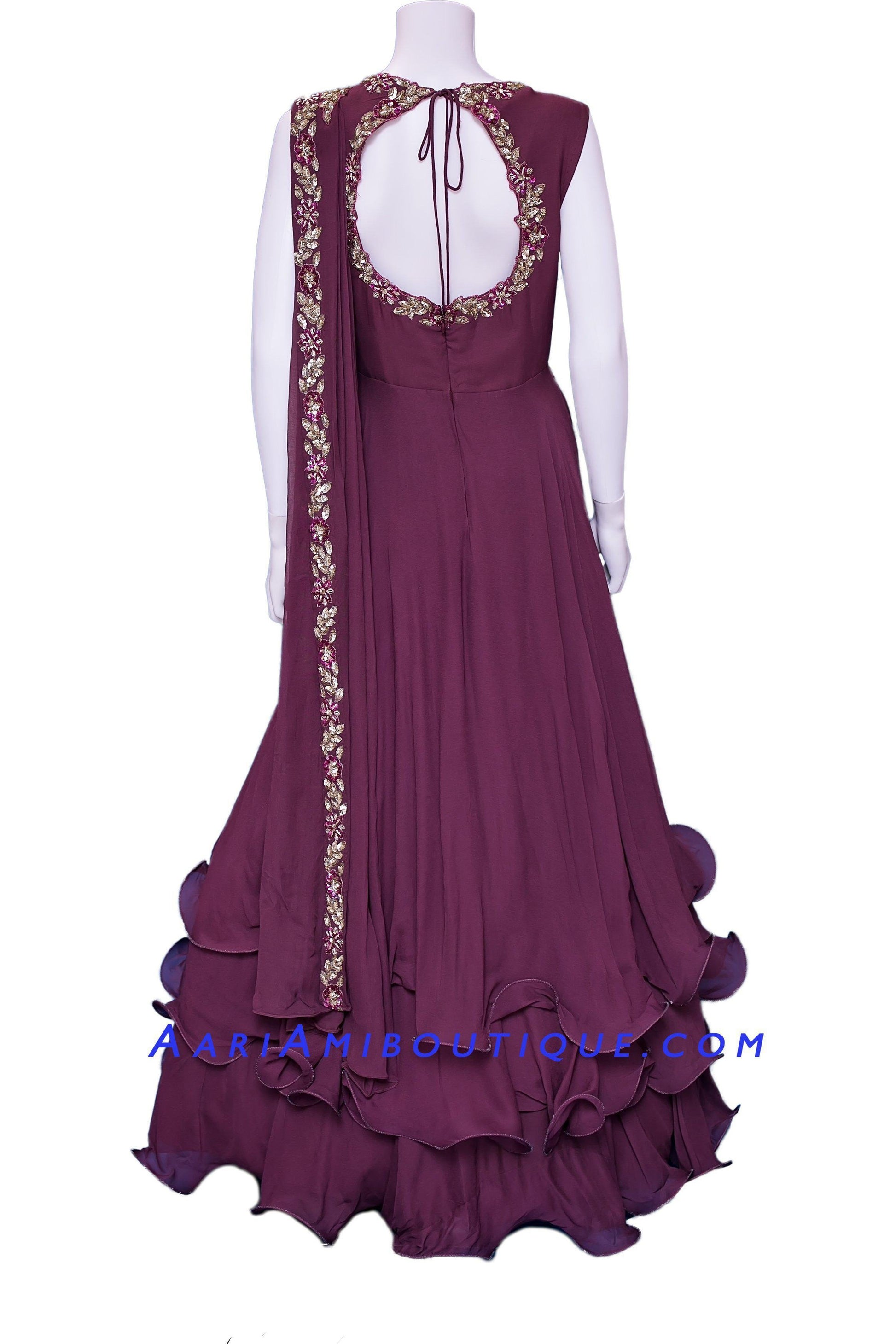 Burgundy Ruffly Saree drape pattern Anarkali Set-AariAmi Boutique