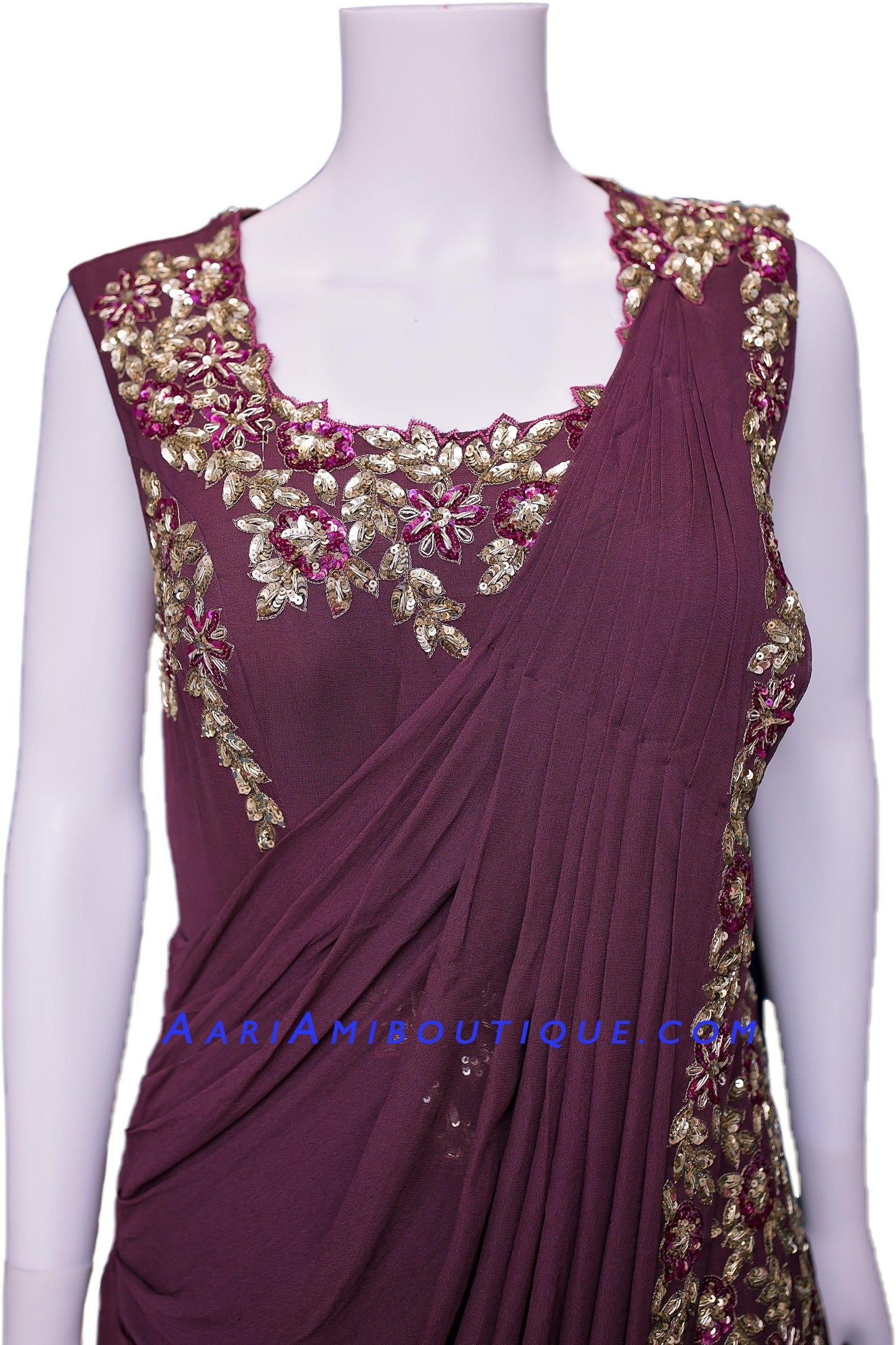 Burgundy Ruffly Saree drape pattern Anarkali Set-AariAmi Boutique