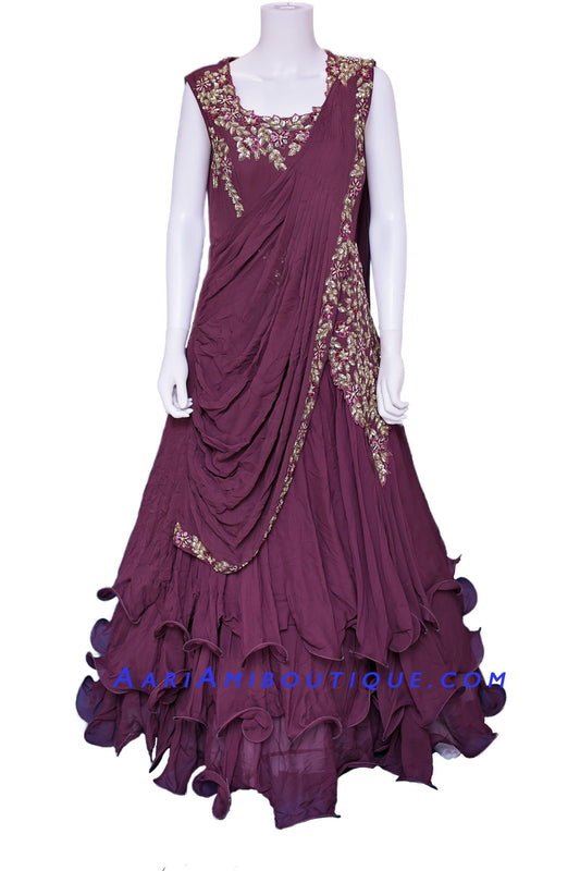 Burgundy Ruffly Saree drape pattern Anarkali Set-AariAmi Boutique