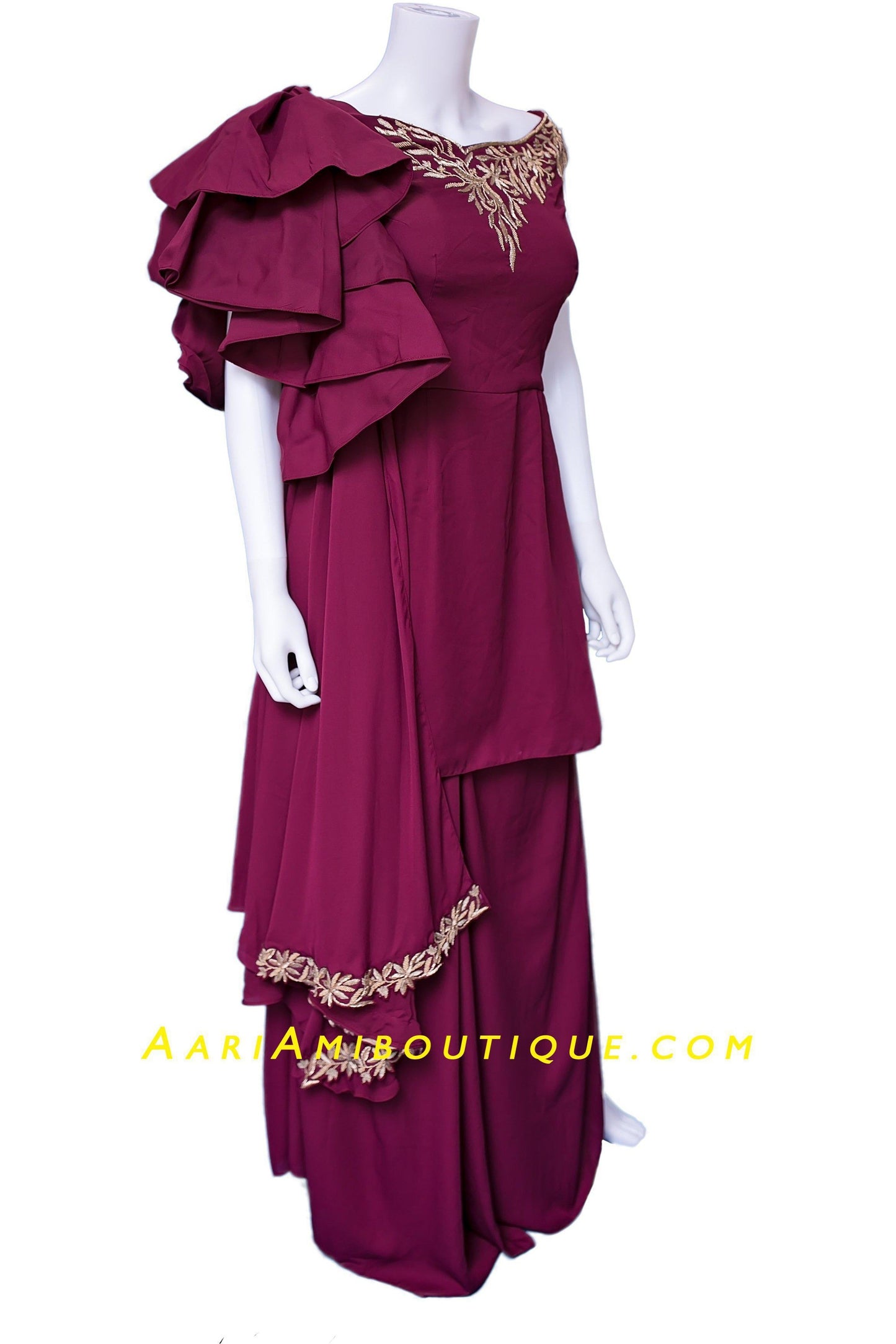 Burgundy and Gold Embroidered Dhoti Set with attached dupatta drape-AariAmi Boutique