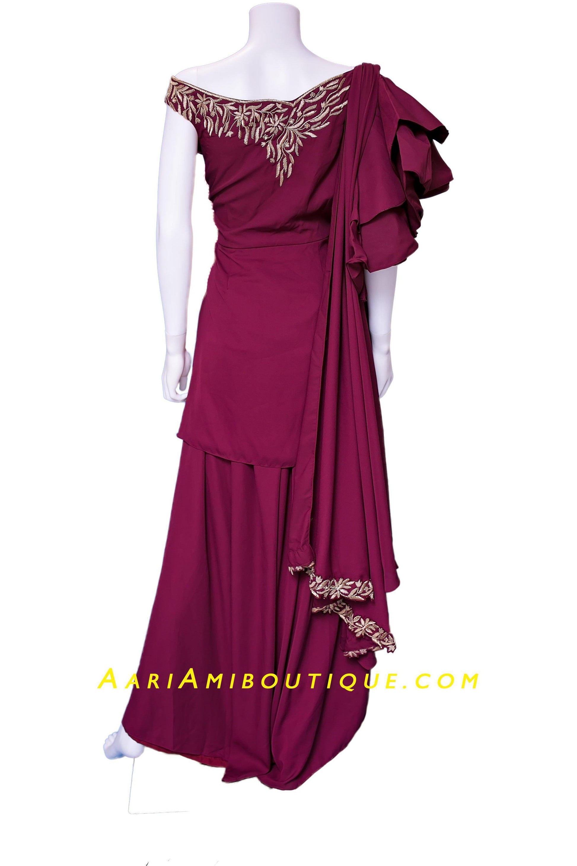 Burgundy and Gold Embroidered Dhoti Set with attached dupatta drape-AariAmi Boutique