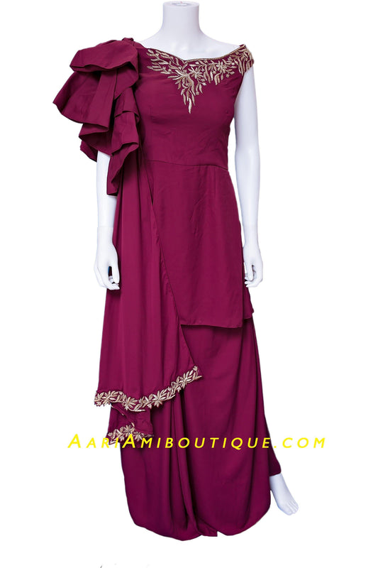 Burgundy and Gold Embroidered Dhoti Set with attached dupatta drape-AariAmi Boutique