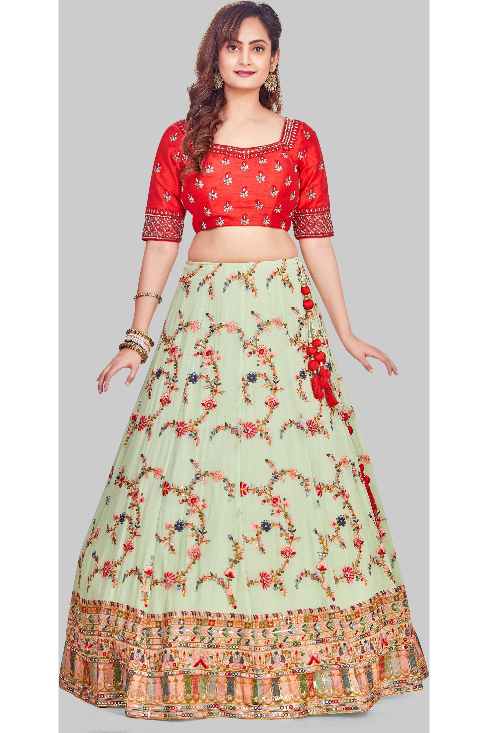 Contrasting Red and Green Embroidered Lehenga Set-AariAmi Boutique