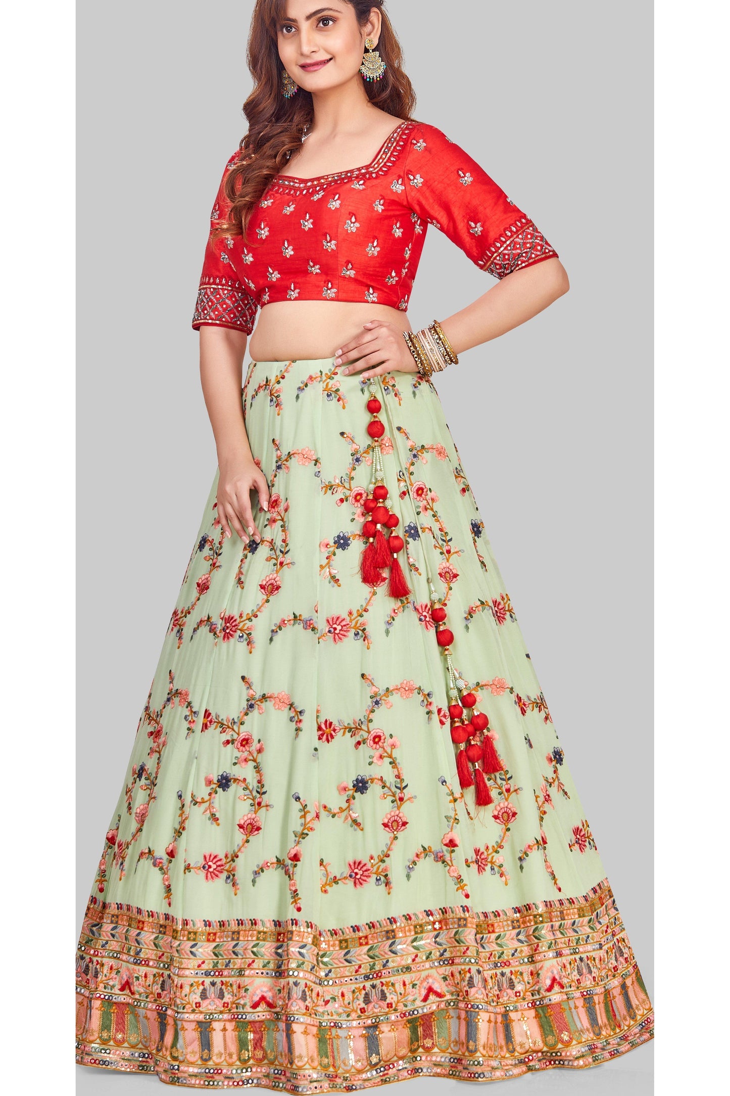 Contrasting Red and Green Embroidered Lehenga Set-AariAmi Boutique