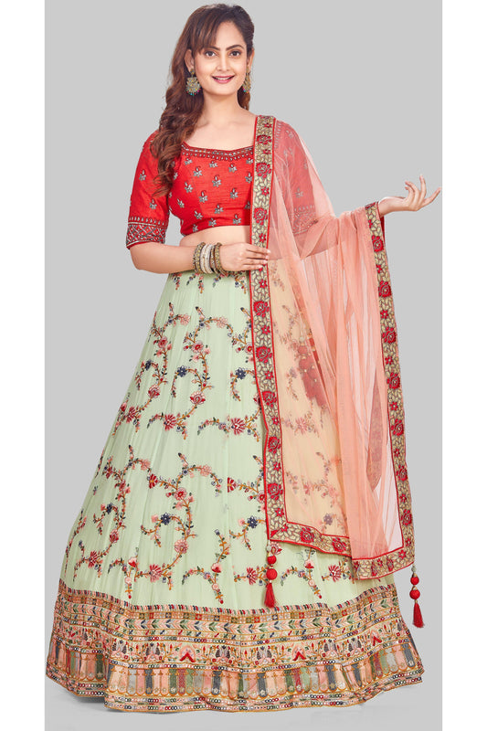 Contrasting Red and Green Embroidered Lehenga Set-AariAmi Boutique