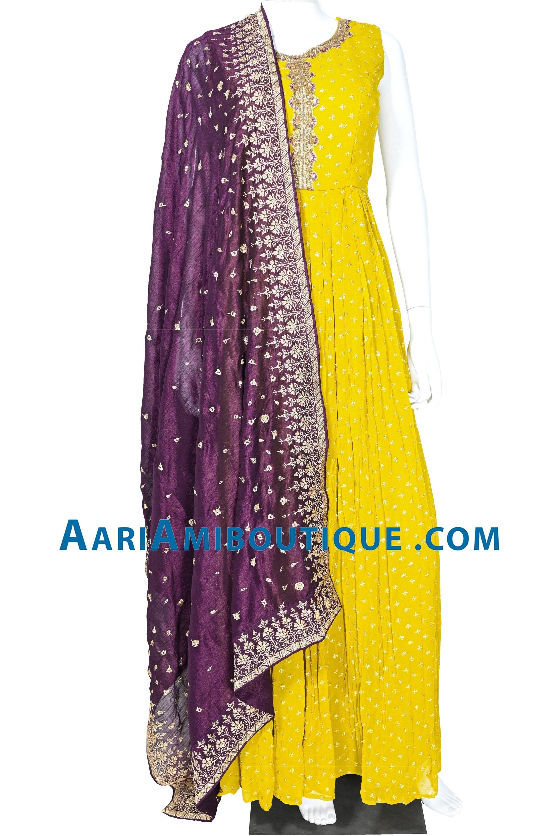 Dazzling Yellow and Purple Anarkali Set-AariAmi Boutique