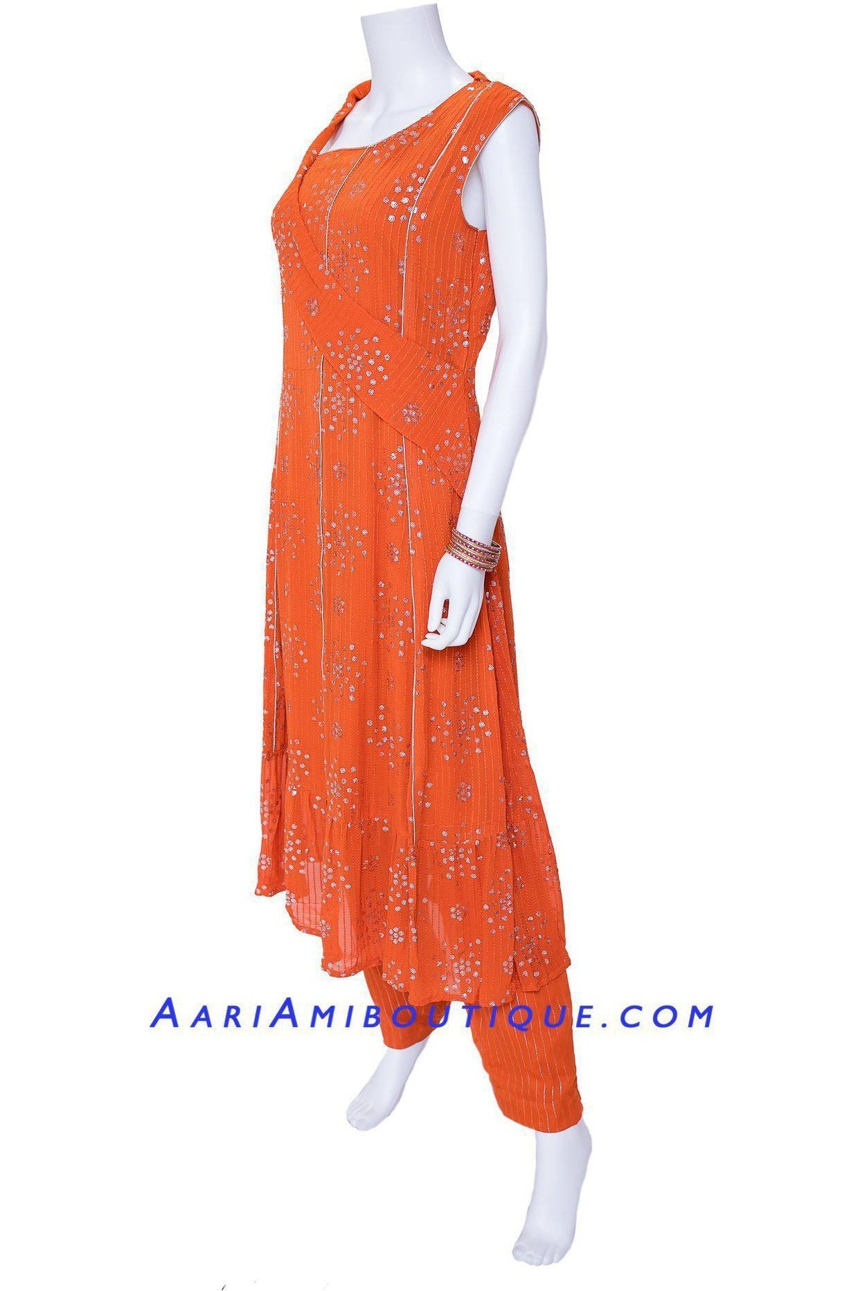 Deep Orange Sequin Studded Kurta Set-AariAmi Boutique